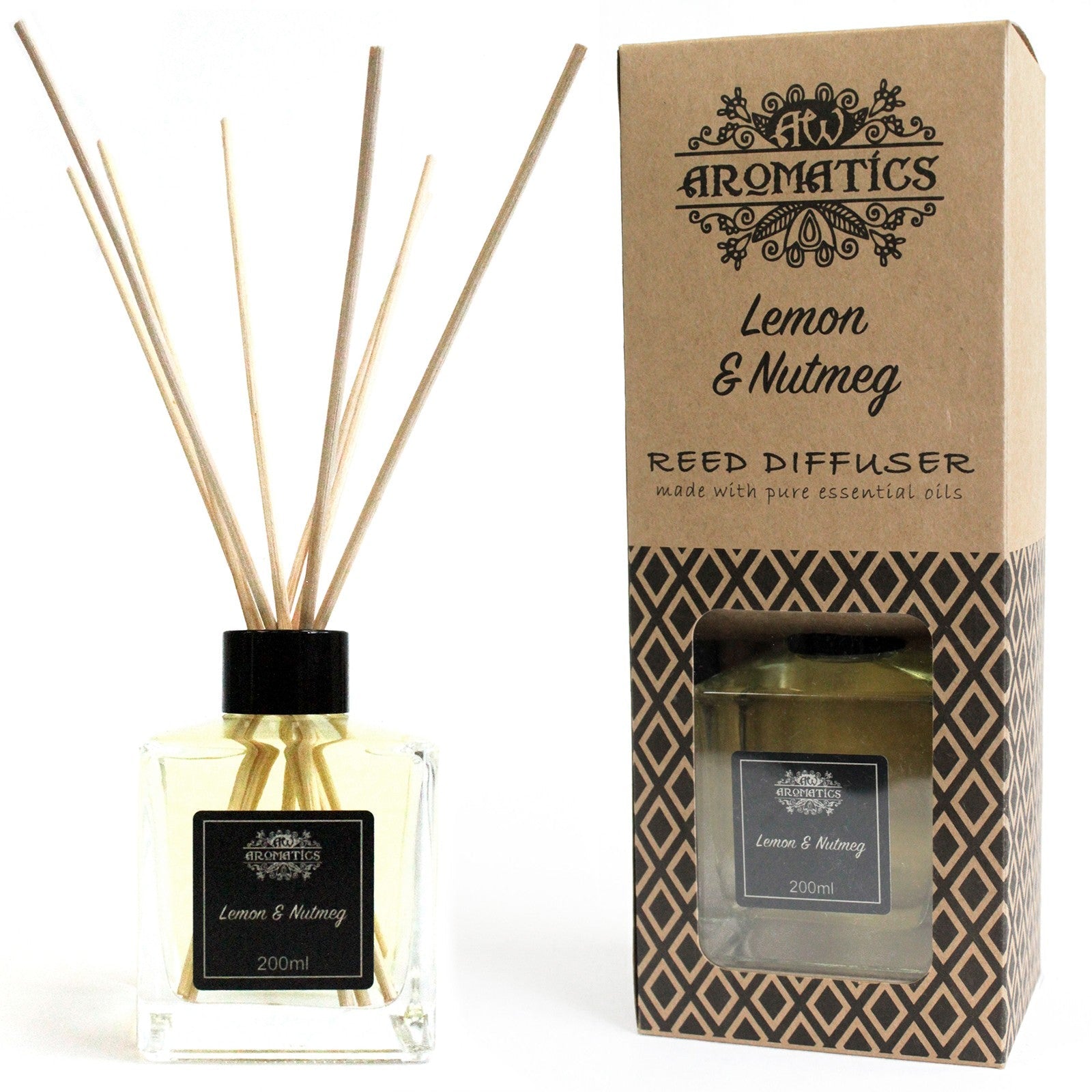 Reed Diffuser - Lemon and Nutmeg - 200ml, pale-filled square bottle with black cap and reeds beside a tall branded box by Quintessential Holistic Health Ltd