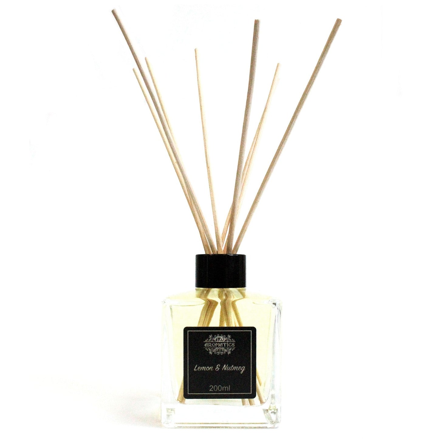 Reed Diffuser - Lemon and Nutmeg - 200ml, pale-filled square bottle with black cap, black label and fanned reeds by Quintessential Holistic Health Ltd