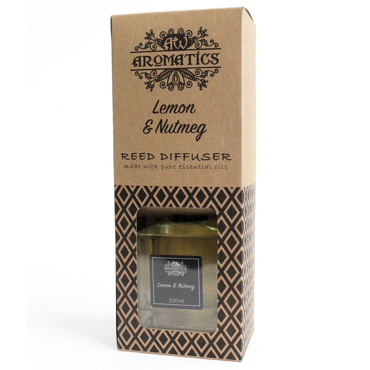 Reed Diffuser - Lemon and Nutmeg - 200ml, front of the branded box with geometric pattern and bottle visible through a window by Quintessential Holistic Health Ltd