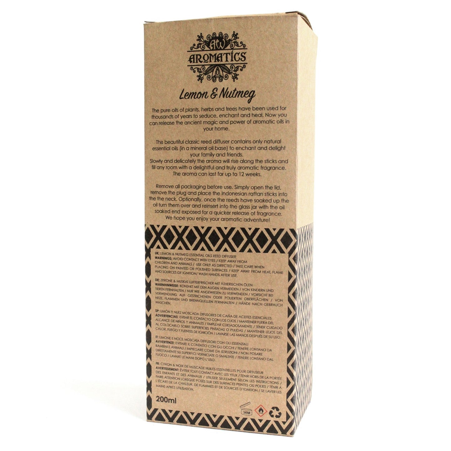 Reed Diffuser - Lemon and Nutmeg - 200ml, rear view of the tall branded box with printed product details by Quintessential Holistic Health Ltd