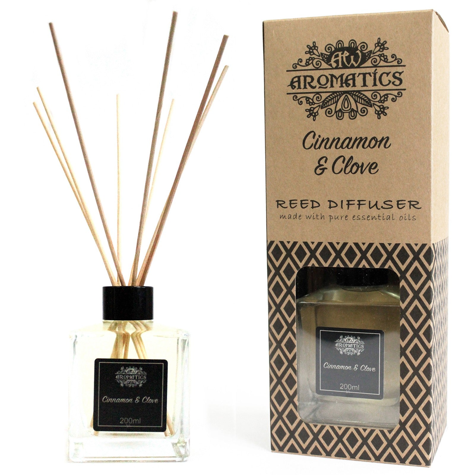 Reed Diffuser - Cinnamon and Clove - 200ml, square bottle with black cap and fanned reeds beside a tall branded box by Quintessential Holistic Health Ltd