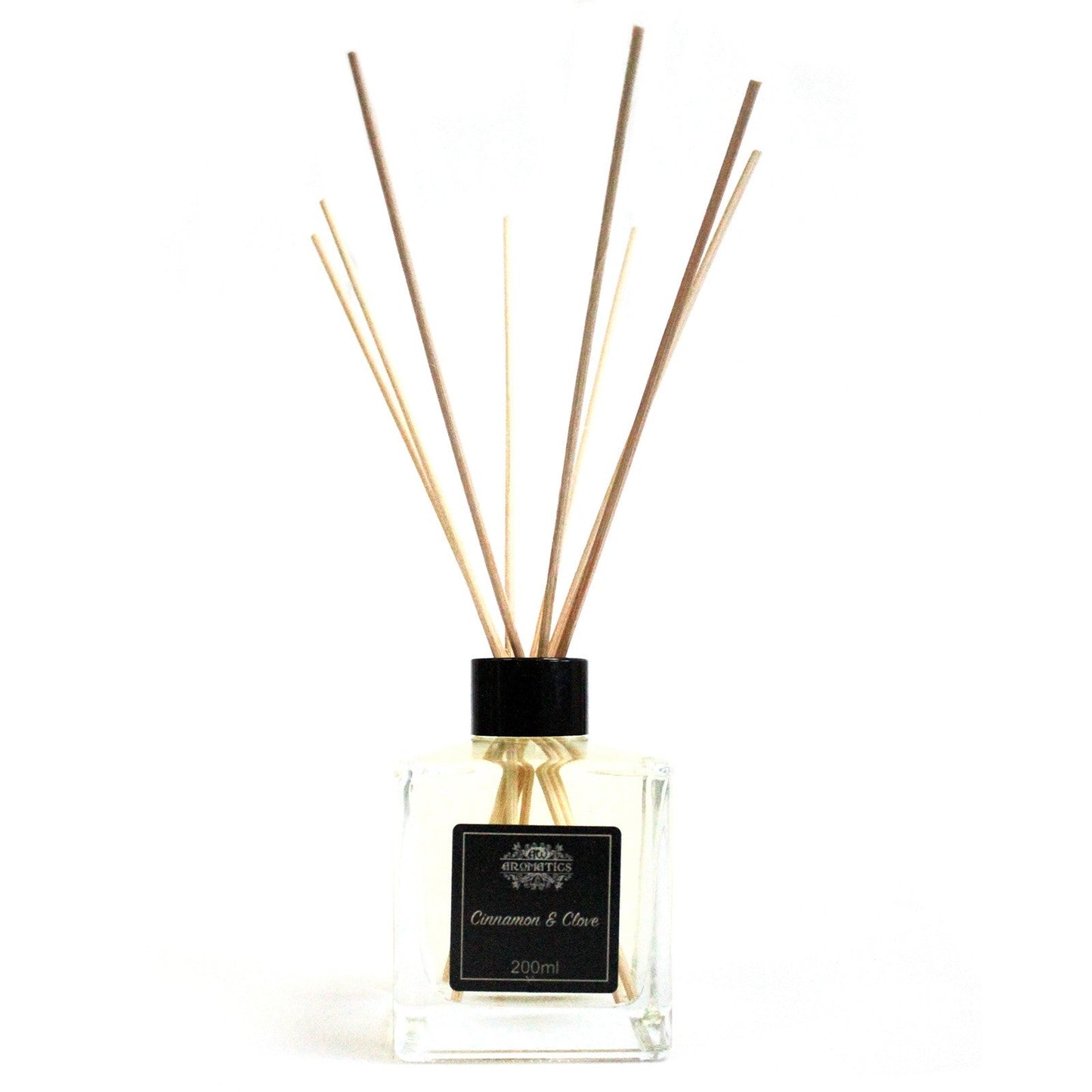 Reed Diffuser - Cinnamon and Clove - 200ml, square bottle with black cap, black label and fanned reeds by Quintessential Holistic Health Ltd
