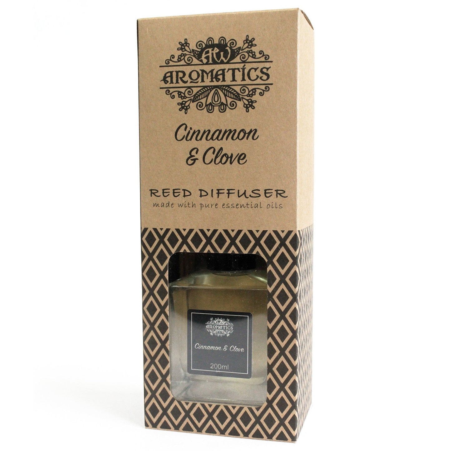 Reed Diffuser - Cinnamon and Clove - 200ml, front of tall branded box with geometric pattern and display window by Quintessential Holistic Health Ltd