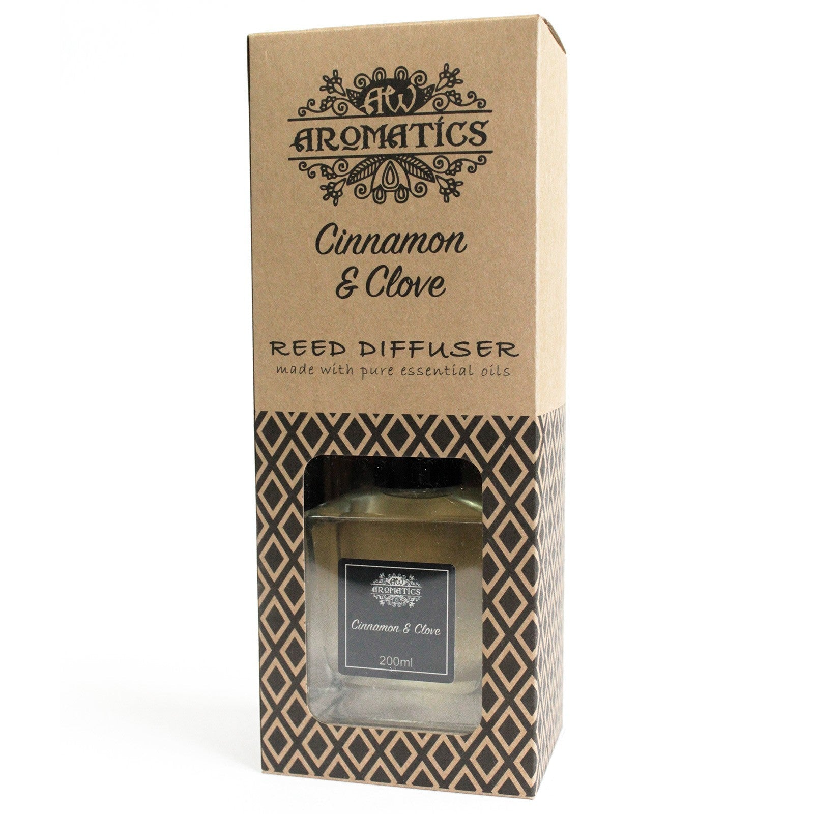 Reed Diffuser - Cinnamon and Clove - 200ml, front of tall branded box with geometric pattern and display window by Quintessential Holistic Health Ltd