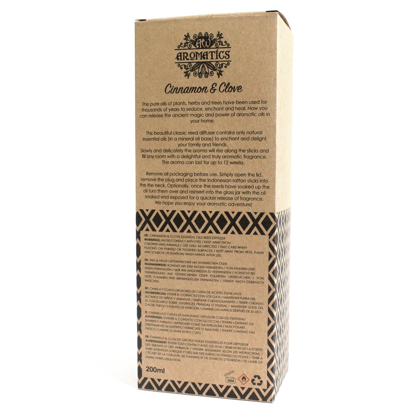 Reed Diffuser - Cinnamon and Clove - 200ml, back of tall branded box with printed product information and geometric bands by Quintessential Holistic Health Ltd