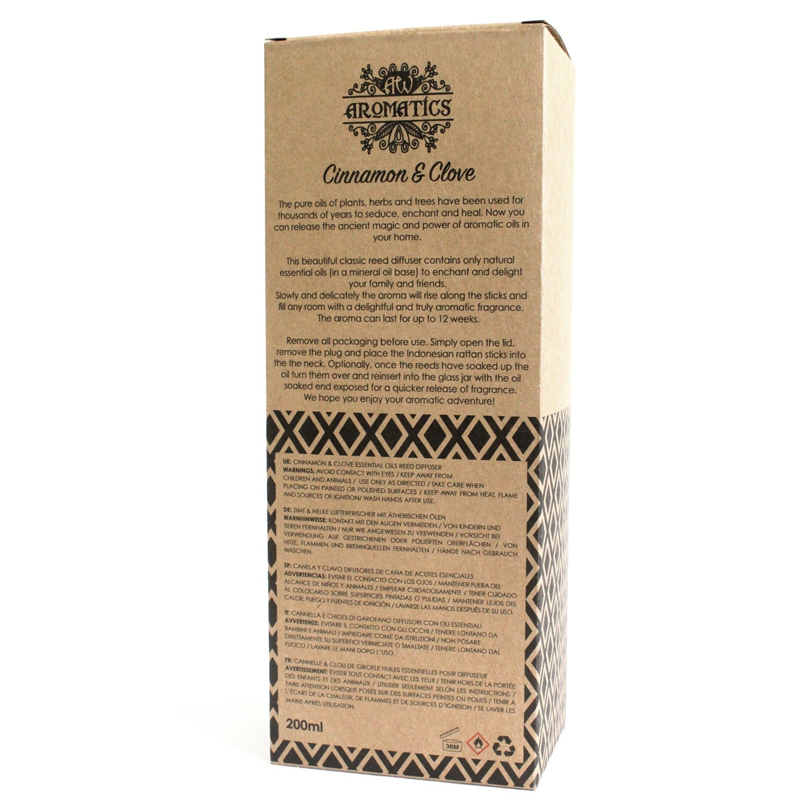 Reed Diffuser - Cinnamon and Clove - 200ml, back of tall branded box with printed product information and geometric bands by Quintessential Holistic Health Ltd