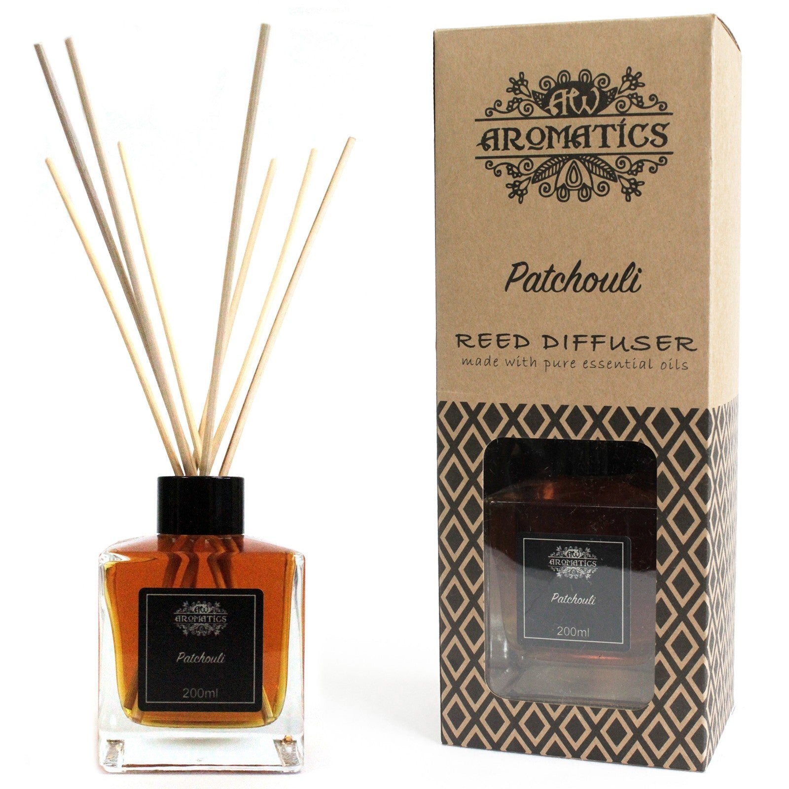 Reed Diffuser - Patchouli - 200ml, amber-filled square bottle with black cap and fanned reeds beside its box by Quintessential Holistic Health Ltd