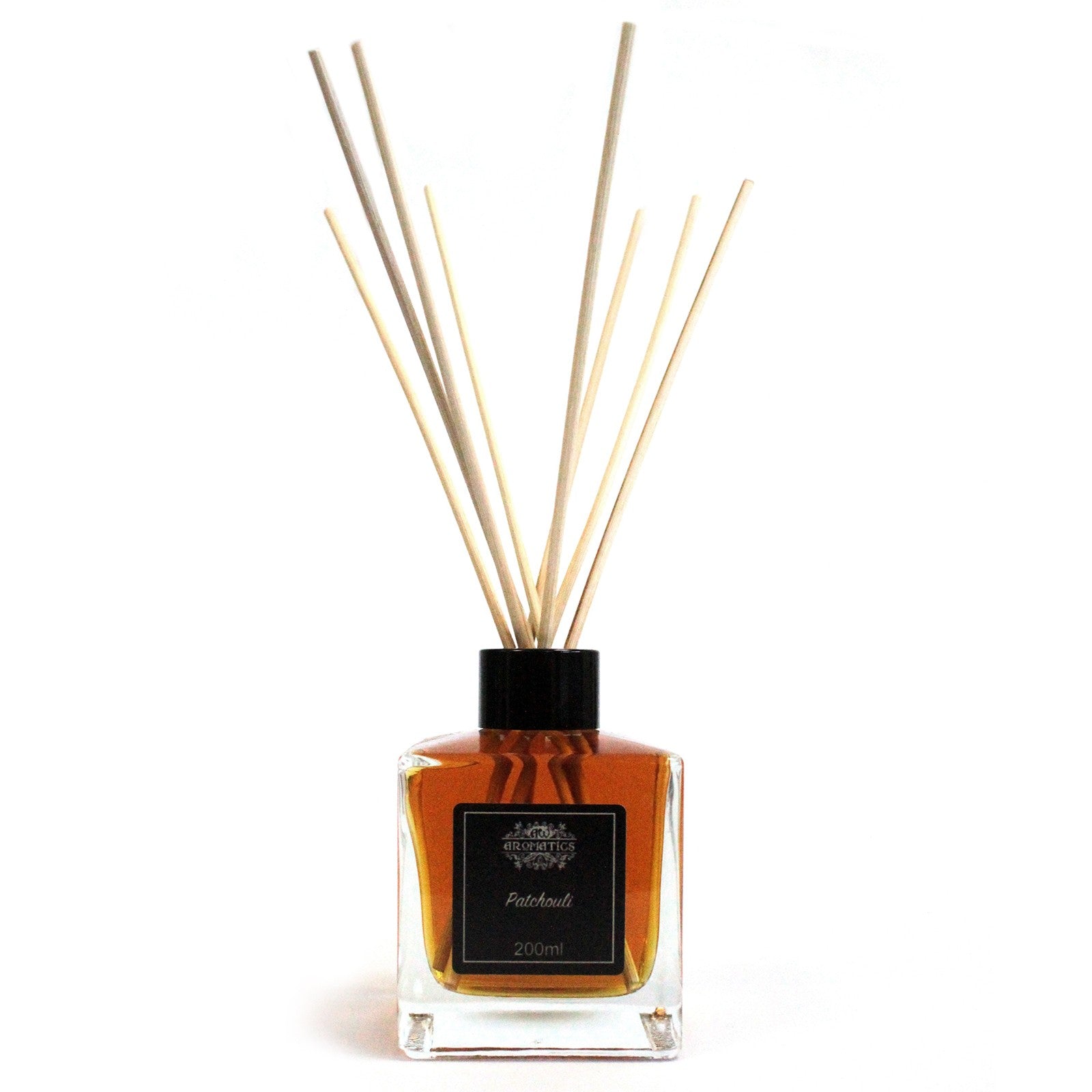 Reed Diffuser - Patchouli - 200ml, amber-filled square bottle with black label and upright reeds by Quintessential Holistic Health Ltd