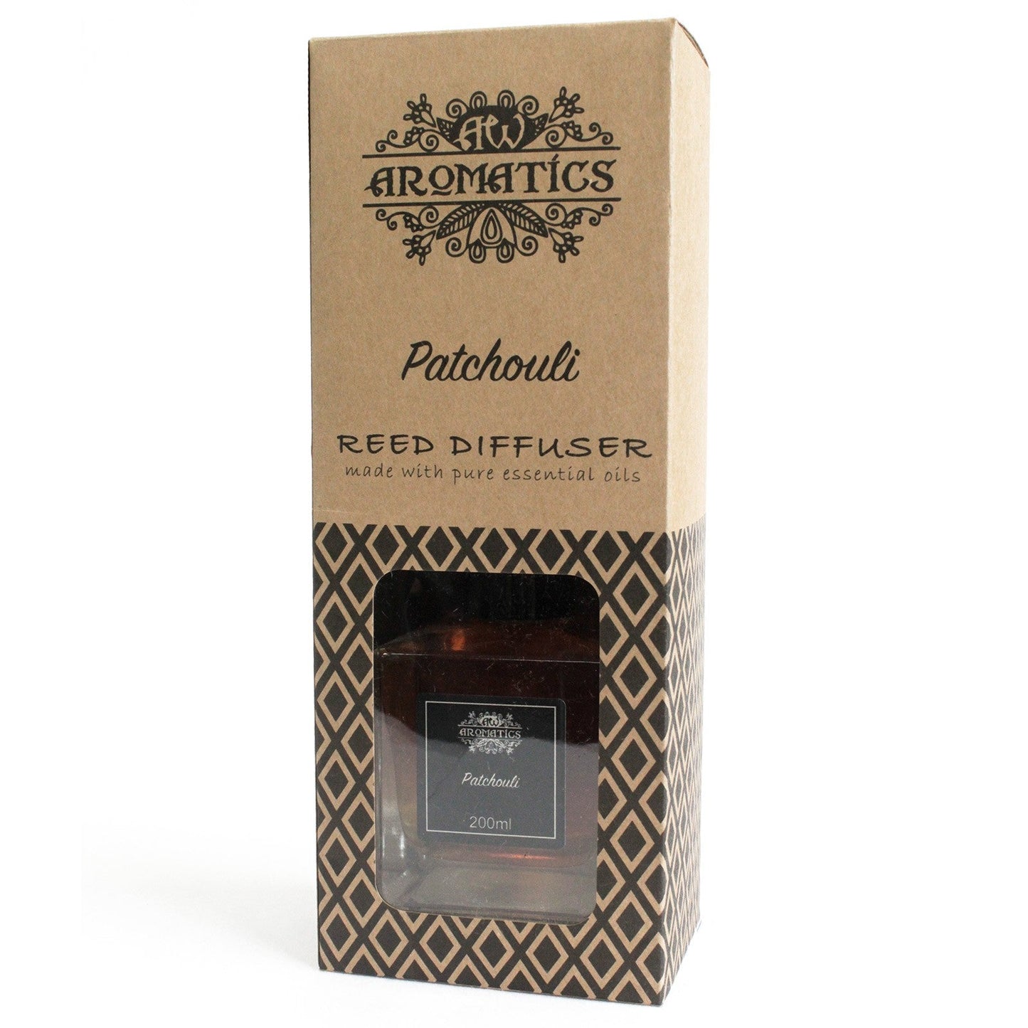 Reed Diffuser - Patchouli - 200ml, tall brown box with black patterning and a window revealing the bottle by Quintessential Holistic Health Ltd