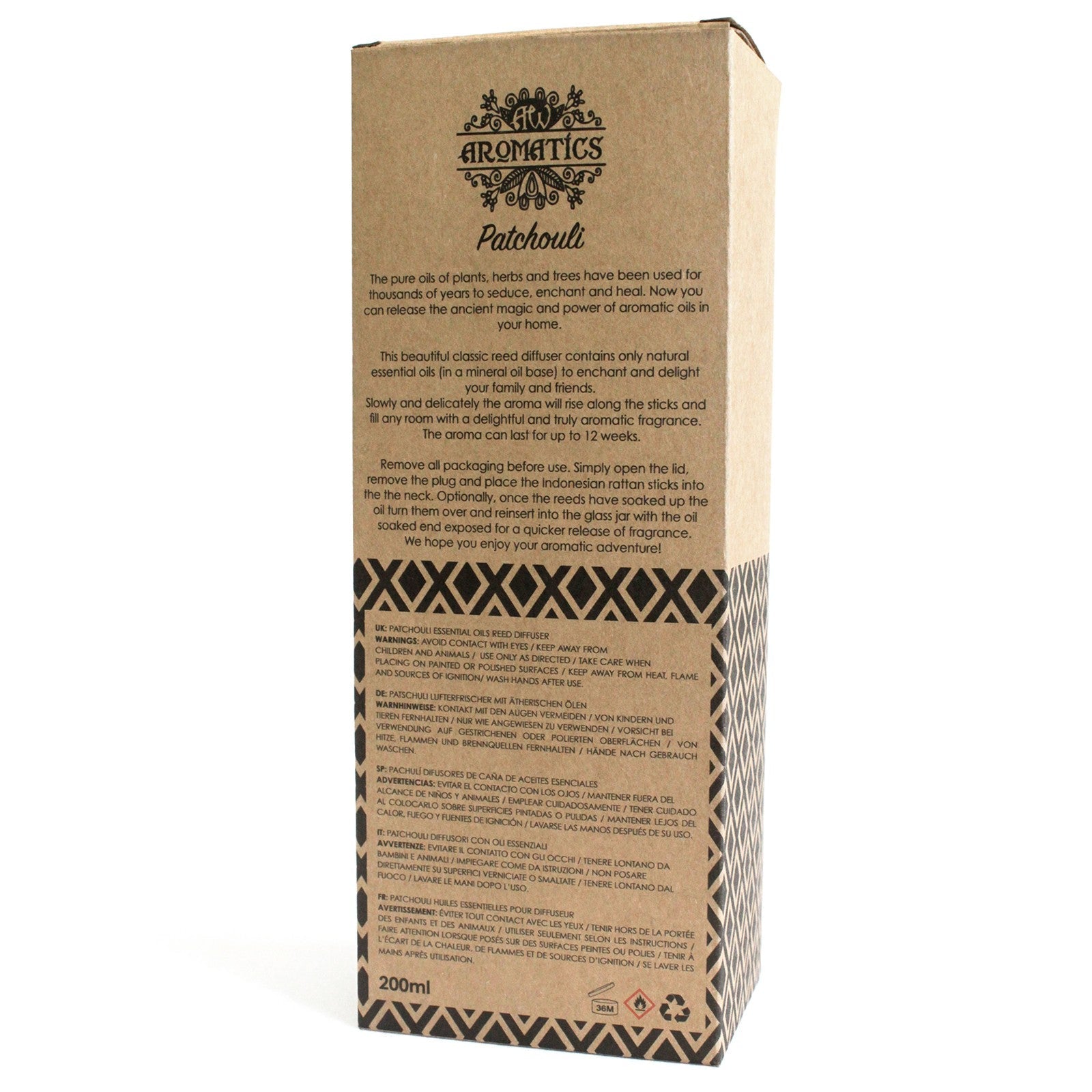 Reed Diffuser - Patchouli - 200ml, rear box panel with printed product text, black patterning and fine print by Quintessential Holistic Health Ltd