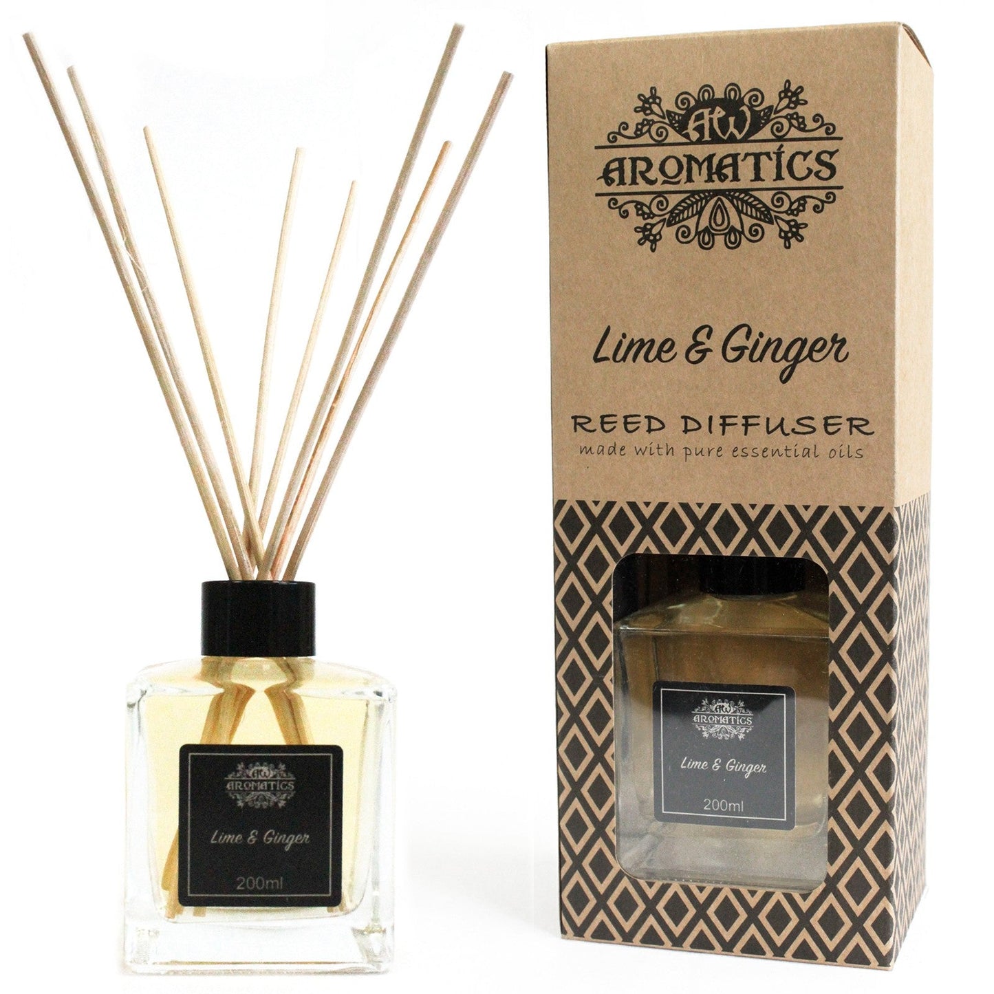 Reed Diffuser - Lime and Ginger - 200ml, pale-filled square bottle with fanned reeds beside a tall windowed box by Quintessential Holistic Health Ltd