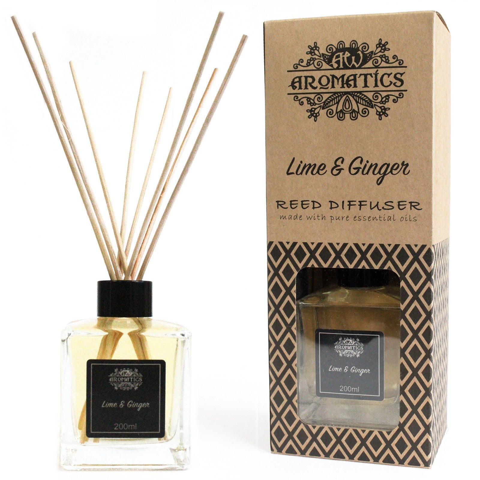 Reed Diffuser - Lime and Ginger - 200ml, pale-filled square bottle with fanned reeds beside a tall windowed box by Quintessential Holistic Health Ltd