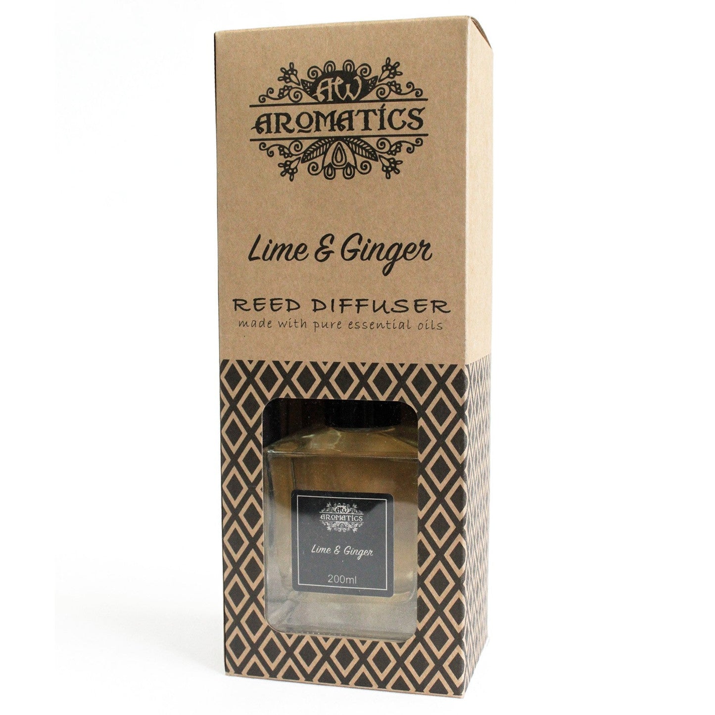 Reed Diffuser - Lime and Ginger - 200ml, tall patterned brown box with a front window showing the bottle by Quintessential Holistic Health Ltd