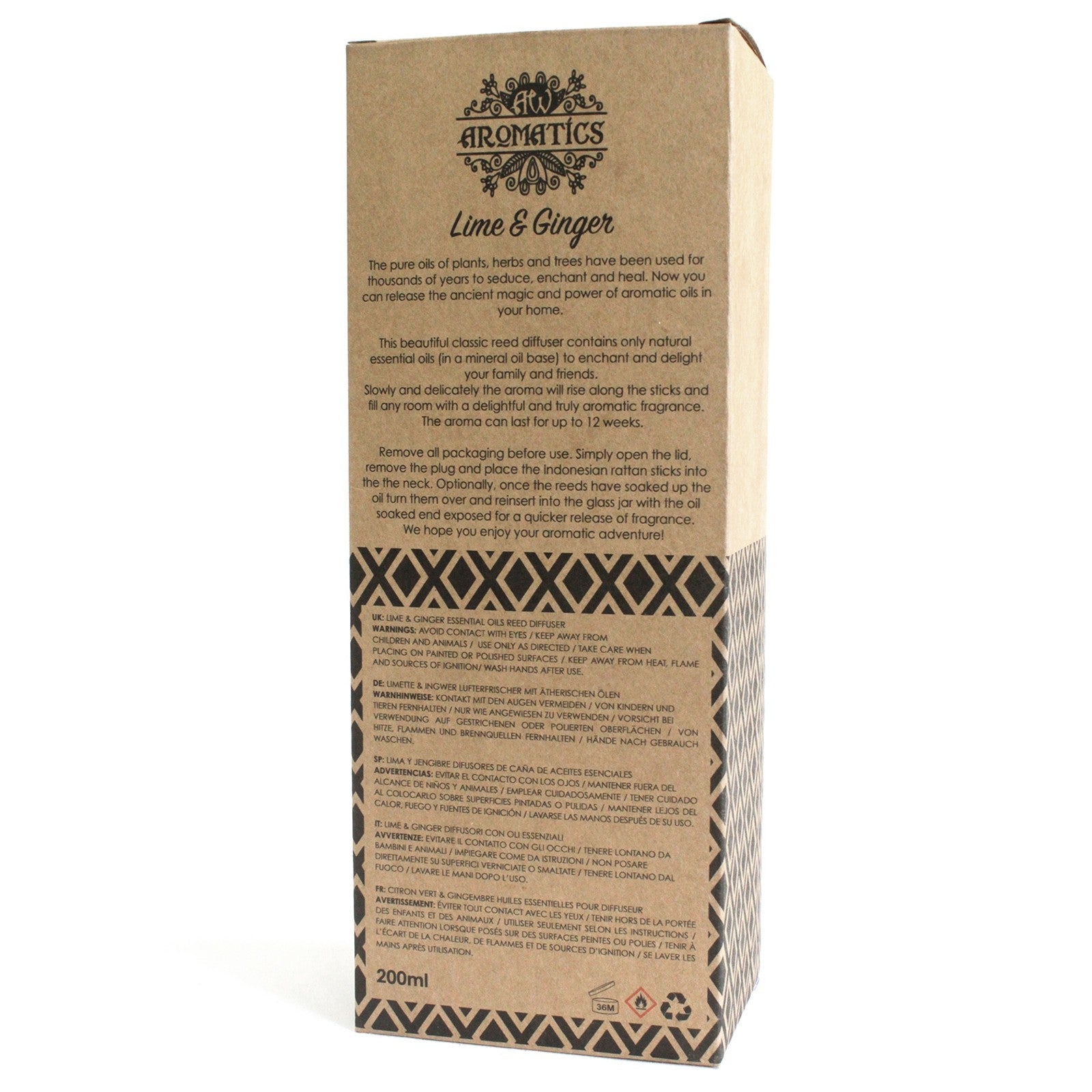 Reed Diffuser - Lime and Ginger - 200ml, rear of tall brown box with printed text and a patterned lower panel by Quintessential Holistic Health Ltd