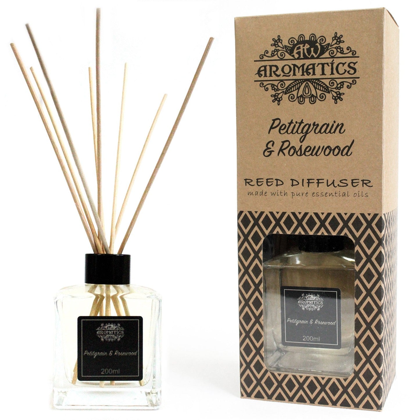 Reed Diffuser - Petitgrain and Rosewood - 200ml, clear square bottle with fanned reeds beside a tall windowed box by Quintessential Holistic Health Ltd