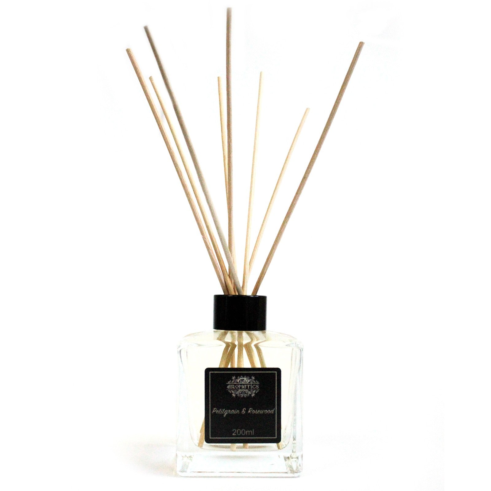 Reed Diffuser - Petitgrain and Rosewood - 200ml, clear square bottle with dark label, black cap and fanned reeds by Quintessential Holistic Health Ltd
