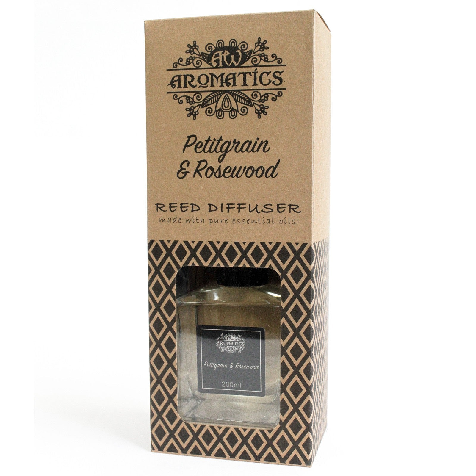 Reed Diffuser - Petitgrain and Rosewood - 200ml, brown box with black geometric pattern and front bottle window by Quintessential Holistic Health Ltd