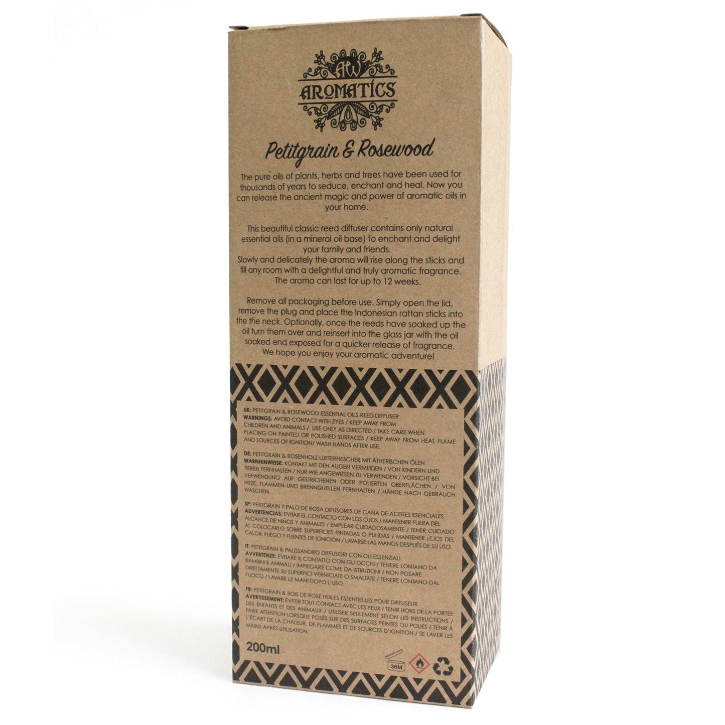 Reed Diffuser - Petitgrain and Rosewood - 200ml, rear brown box panel with printed text and geometric border by Quintessential Holistic Health Ltd