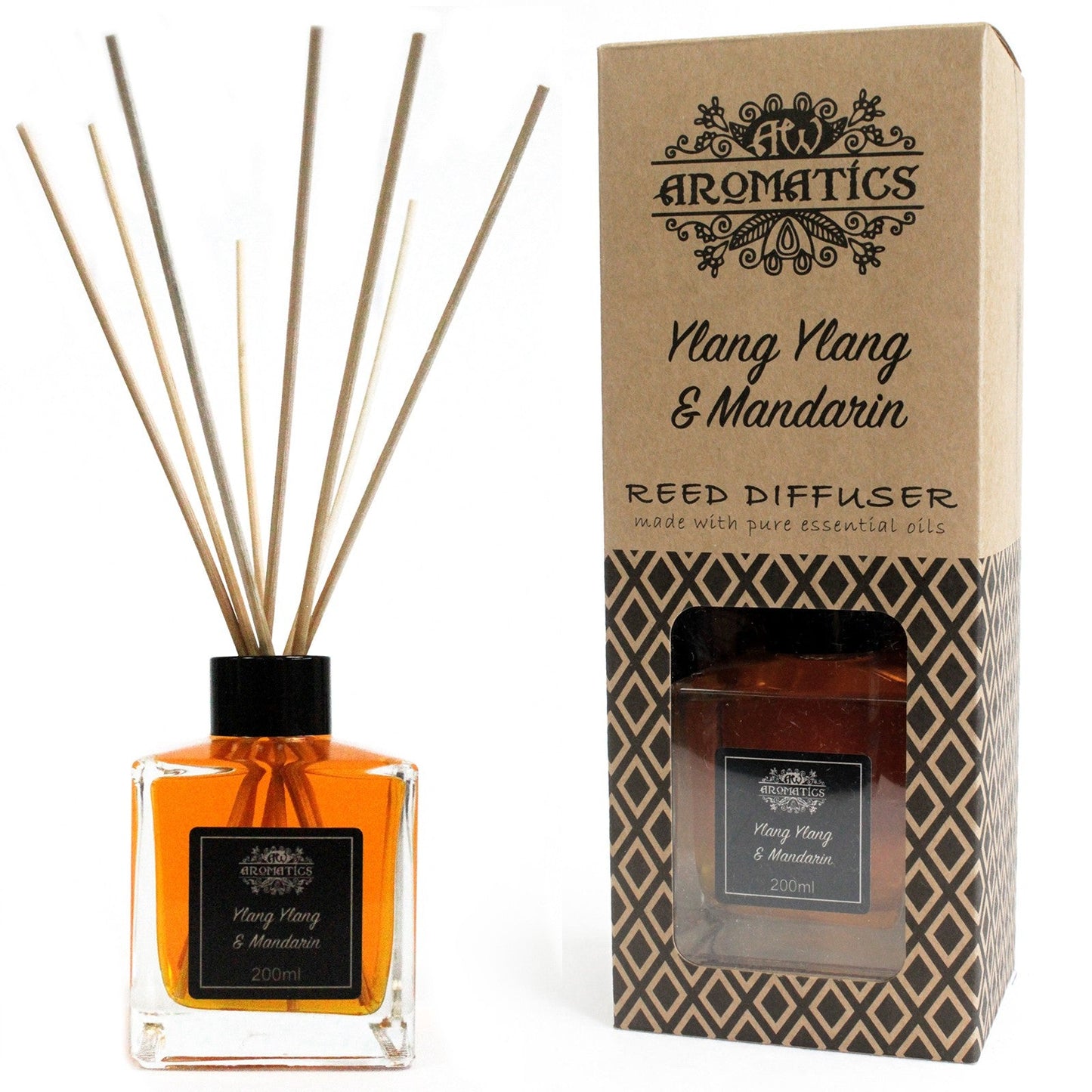 Reed Diffuser - Ylang Ylang and Mandarin - 200ml, orange-filled square bottle with six reeds beside its kraft box by Quintessential Holistic Health Ltd