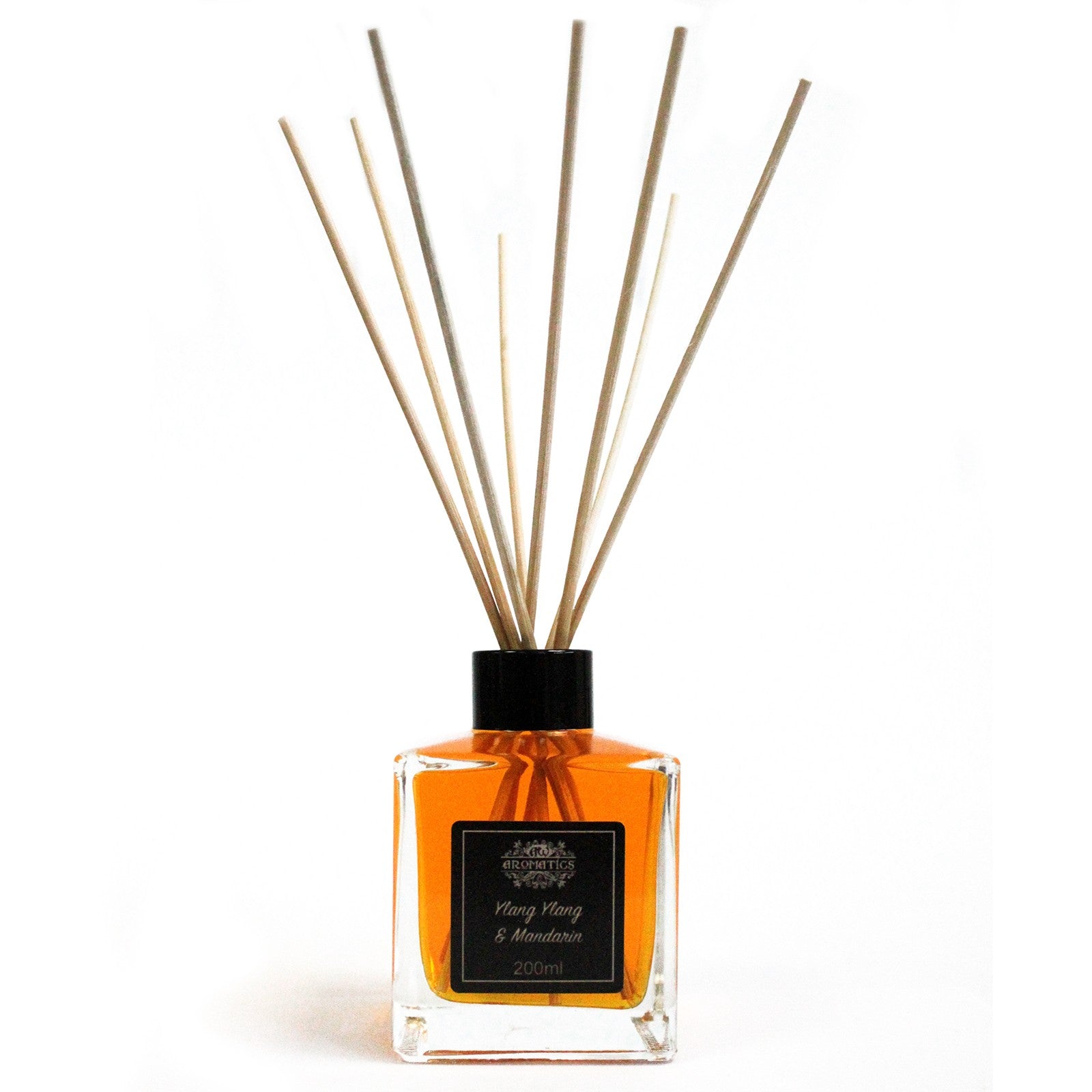 Reed Diffuser - Ylang Ylang and Mandarin - 200ml, orange-filled square bottle with black cap, dark label and six reeds by Quintessential Holistic Health Ltd