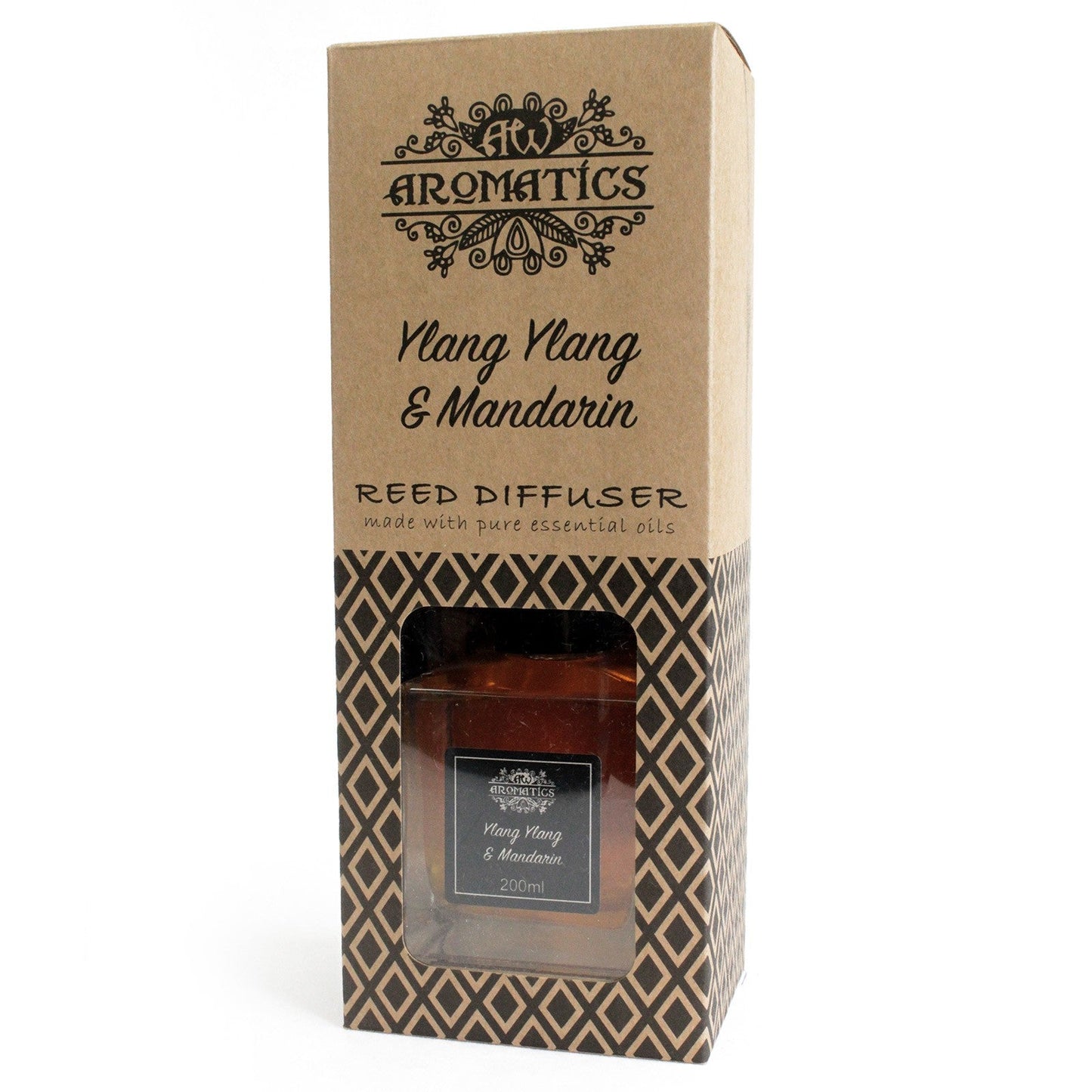Reed Diffuser - Ylang Ylang and Mandarin - 200ml, tall patterned kraft box with a front window showing the bottle by Quintessential Holistic Health Ltd