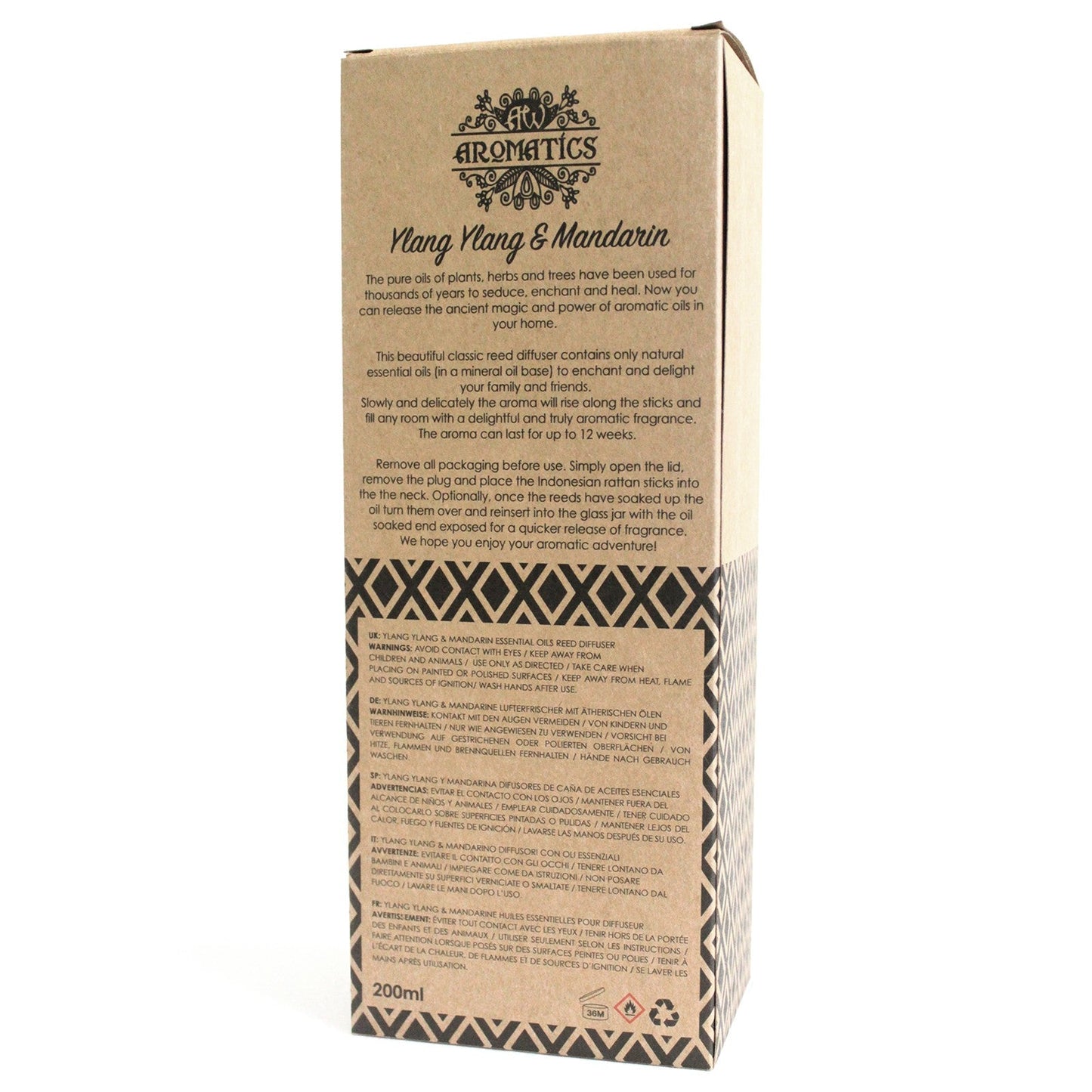 Reed Diffuser - Ylang Ylang and Mandarin - 200ml, rear kraft box panel with printed text and a black geometric border by Quintessential Holistic Health Ltd