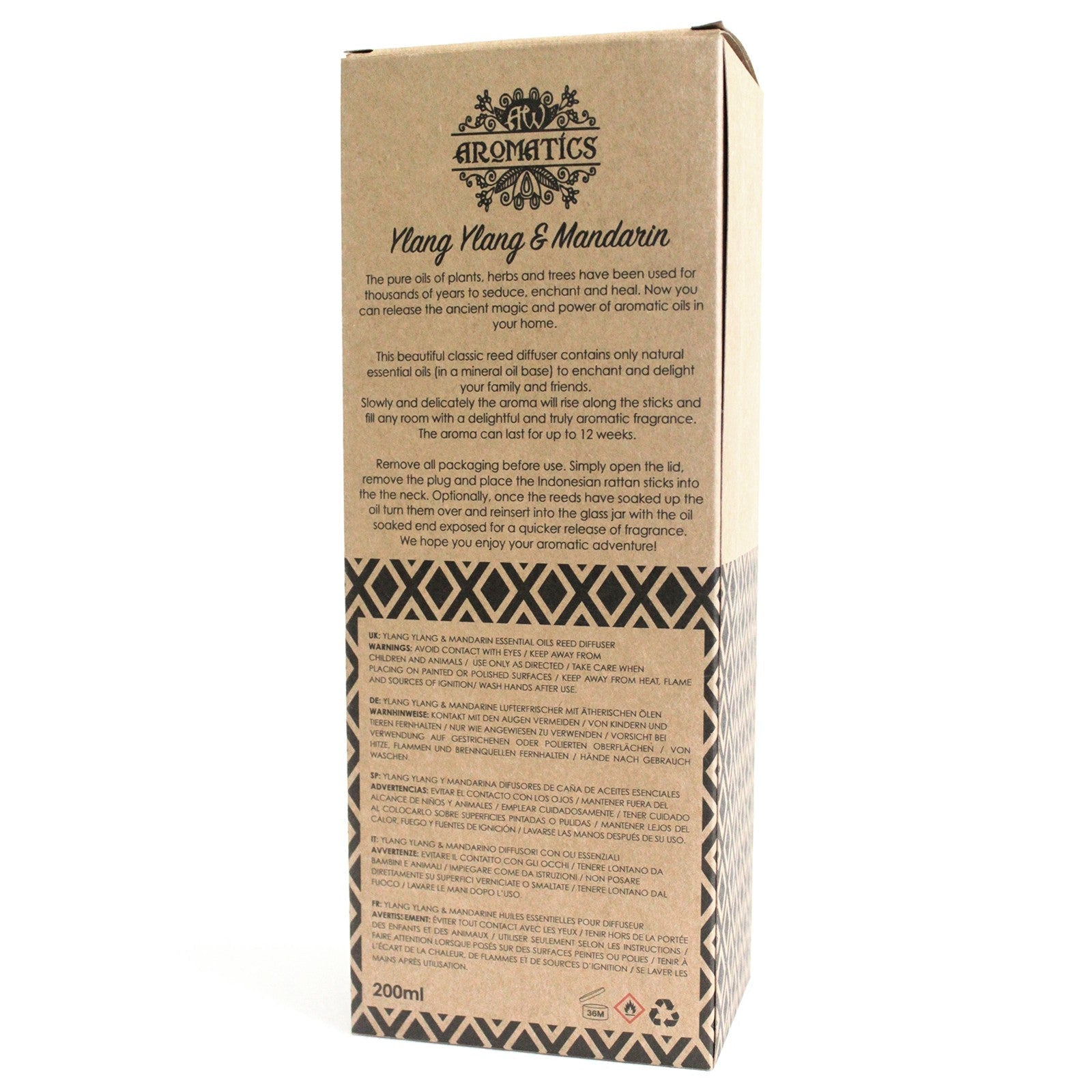 Reed Diffuser - Ylang Ylang and Mandarin - 200ml, rear kraft box panel with printed text and a black geometric border by Quintessential Holistic Health Ltd