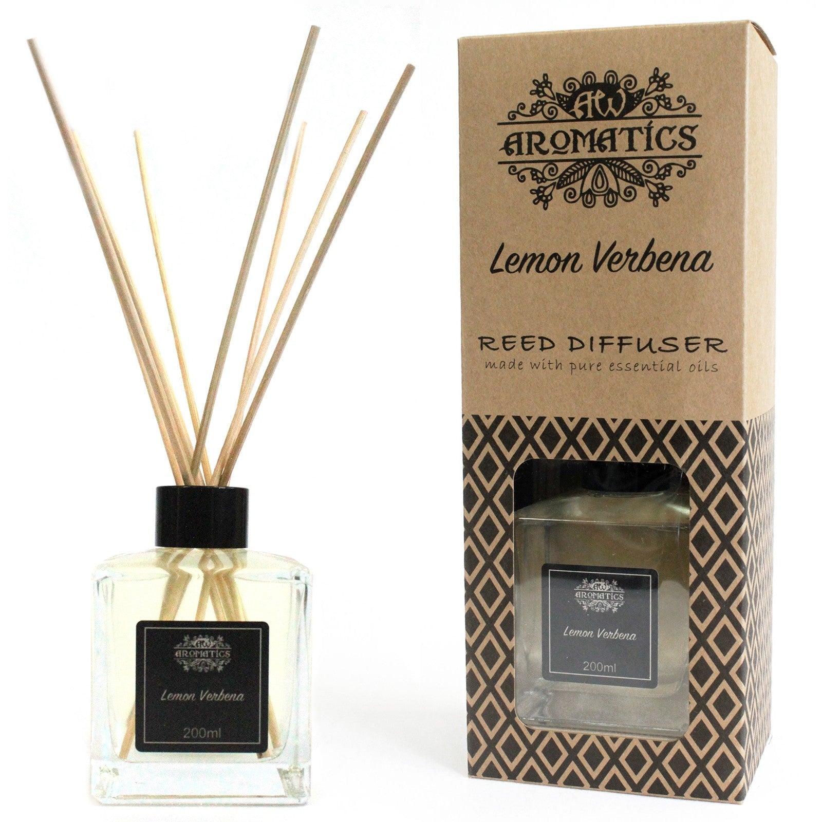 Reed Diffuser - Lemon Verbena - 200ml, clear square bottle with black cap and fanned reeds beside its windowed box by Quintessential Holistic Health Ltd