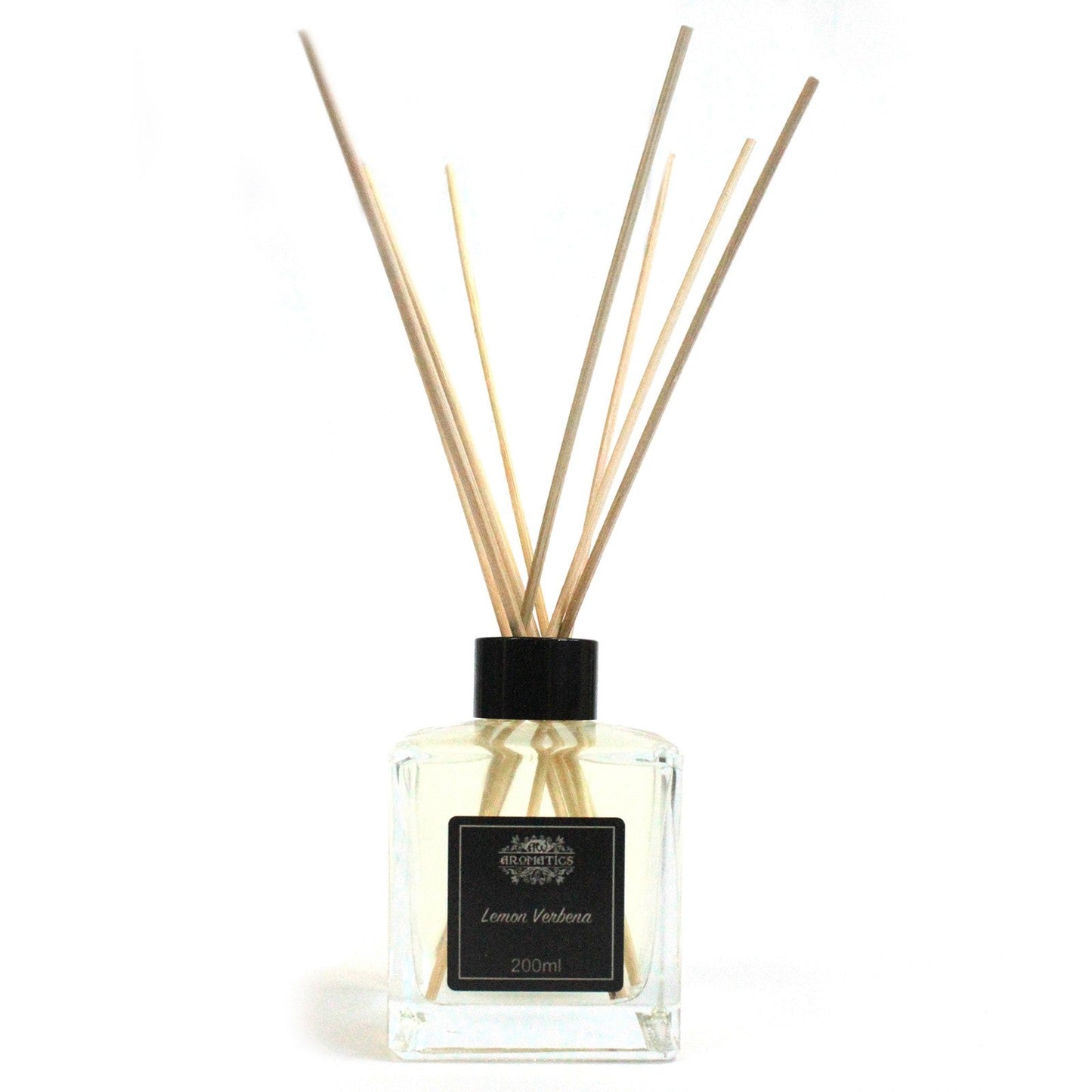 Reed Diffuser - Lemon Verbena - 200ml, clear square bottle with fanned reeds and a black front label by Quintessential Holistic Health Ltd