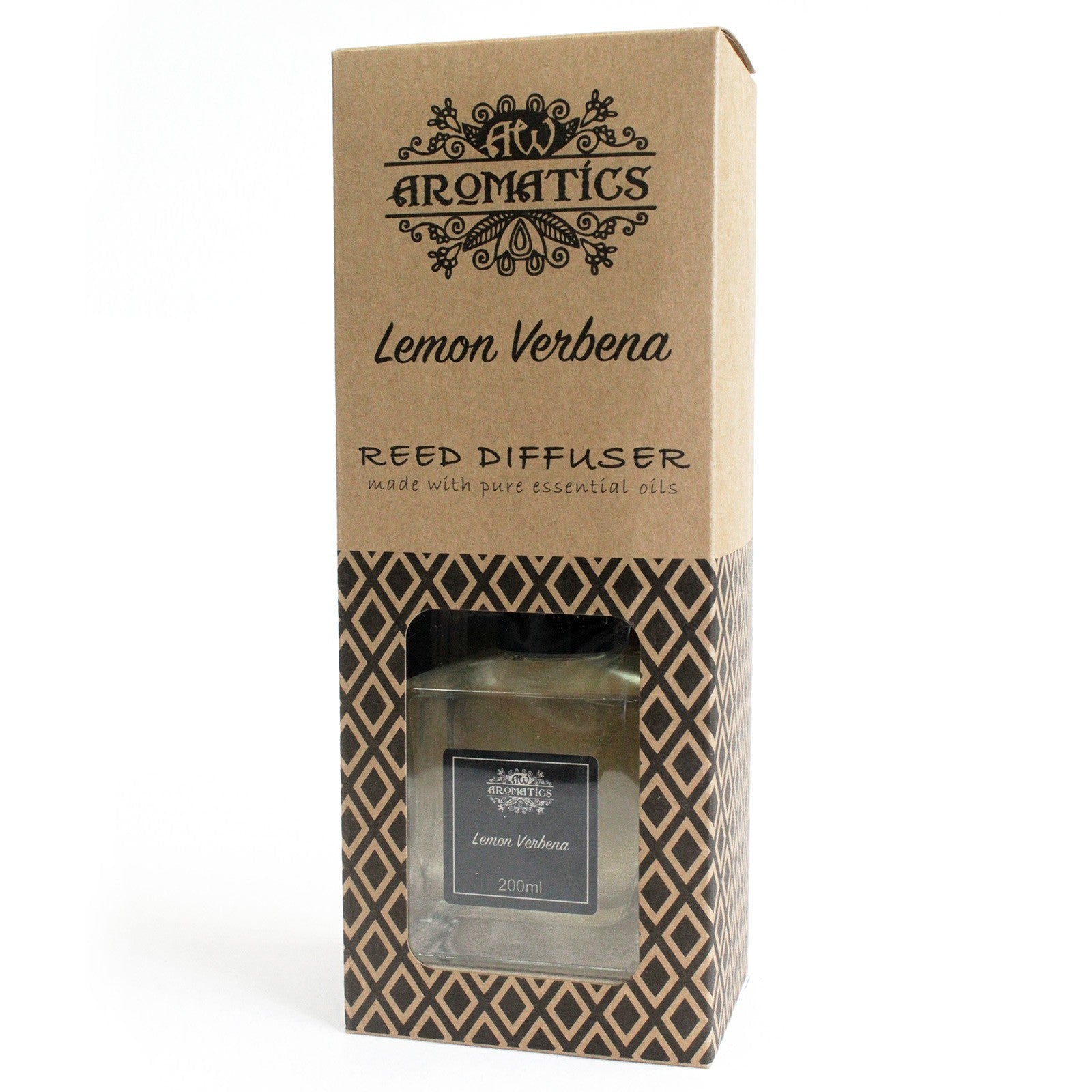 Reed Diffuser - Lemon Verbena - 200ml, tall brown branded box with a patterned lower panel and transparent display window by Quintessential Holistic Health Ltd