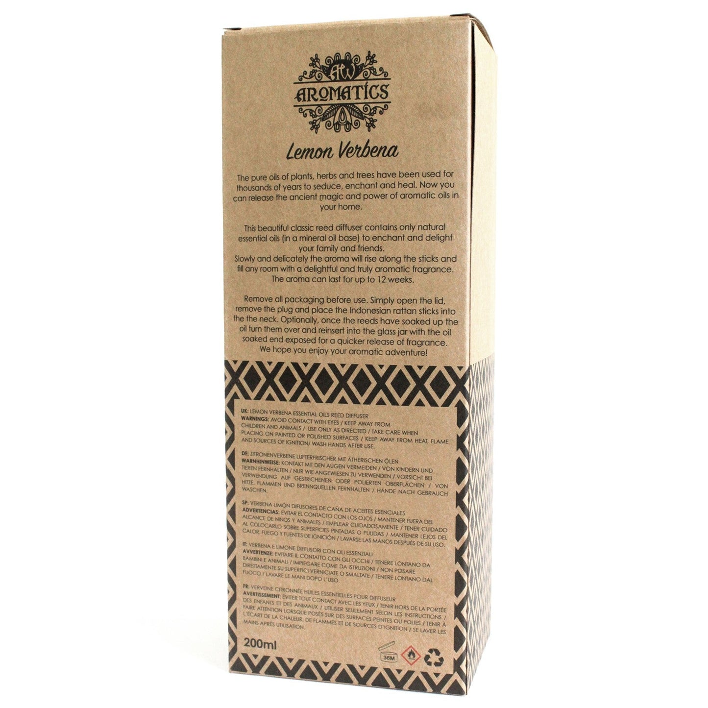 Reed Diffuser - Lemon Verbena - 200ml, rear of the branded box showing printed text and a geometric lower panel by Quintessential Holistic Health Ltd