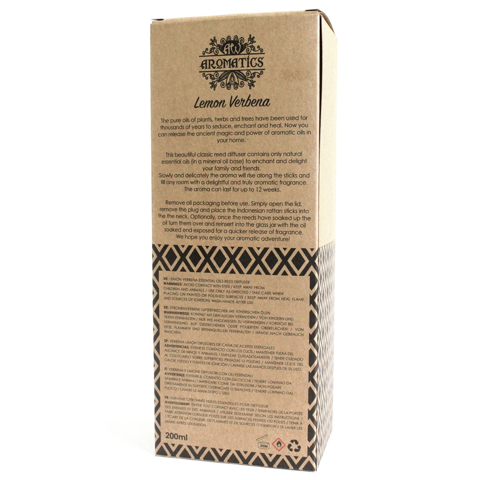 Reed Diffuser - Lemon Verbena - 200ml, rear of the branded box showing printed text and a geometric lower panel by Quintessential Holistic Health Ltd