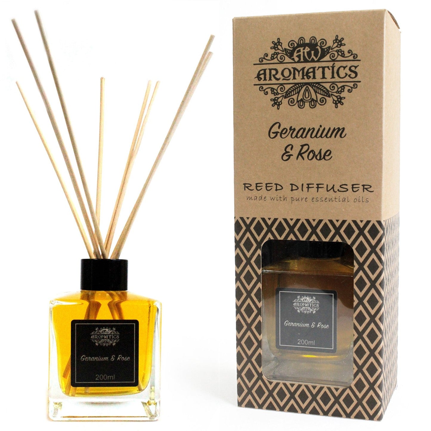 Reed Diffuser - Geranium and Rose - 200ml, amber-filled square bottle with black cap and reeds beside its branded box by Quintessential Holistic Health Ltd
