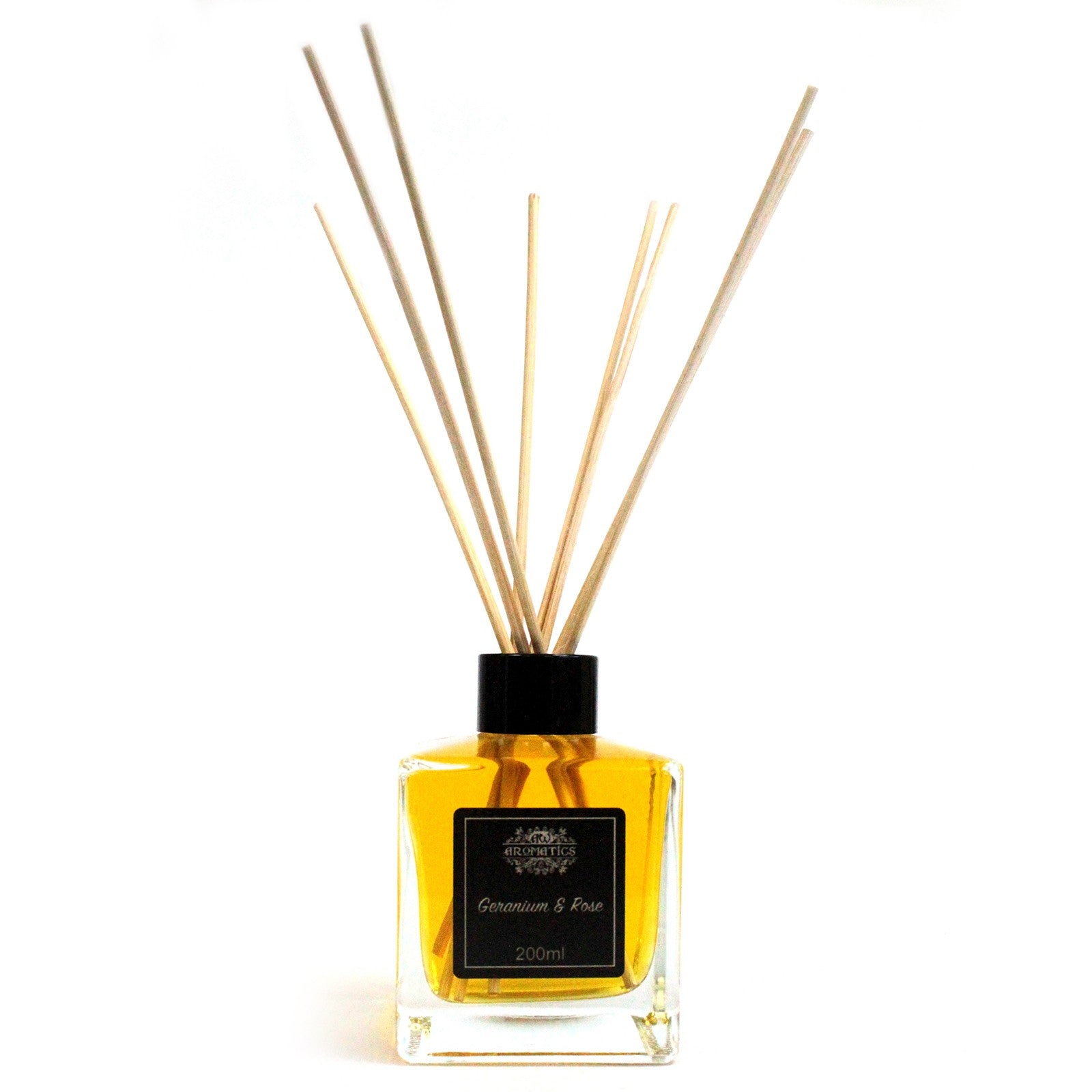 Reed Diffuser - Geranium and Rose - 200ml, amber-filled square bottle with black cap, black label and fanned reeds by Quintessential Holistic Health Ltd