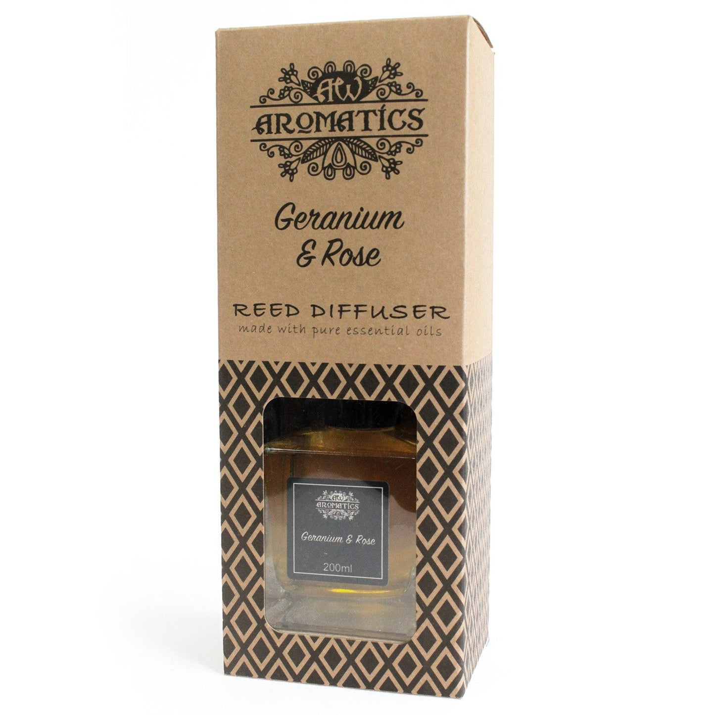 Reed Diffuser - Geranium and Rose - 200ml, front of tall brown branded box with geometric pattern and display window by Quintessential Holistic Health Ltd