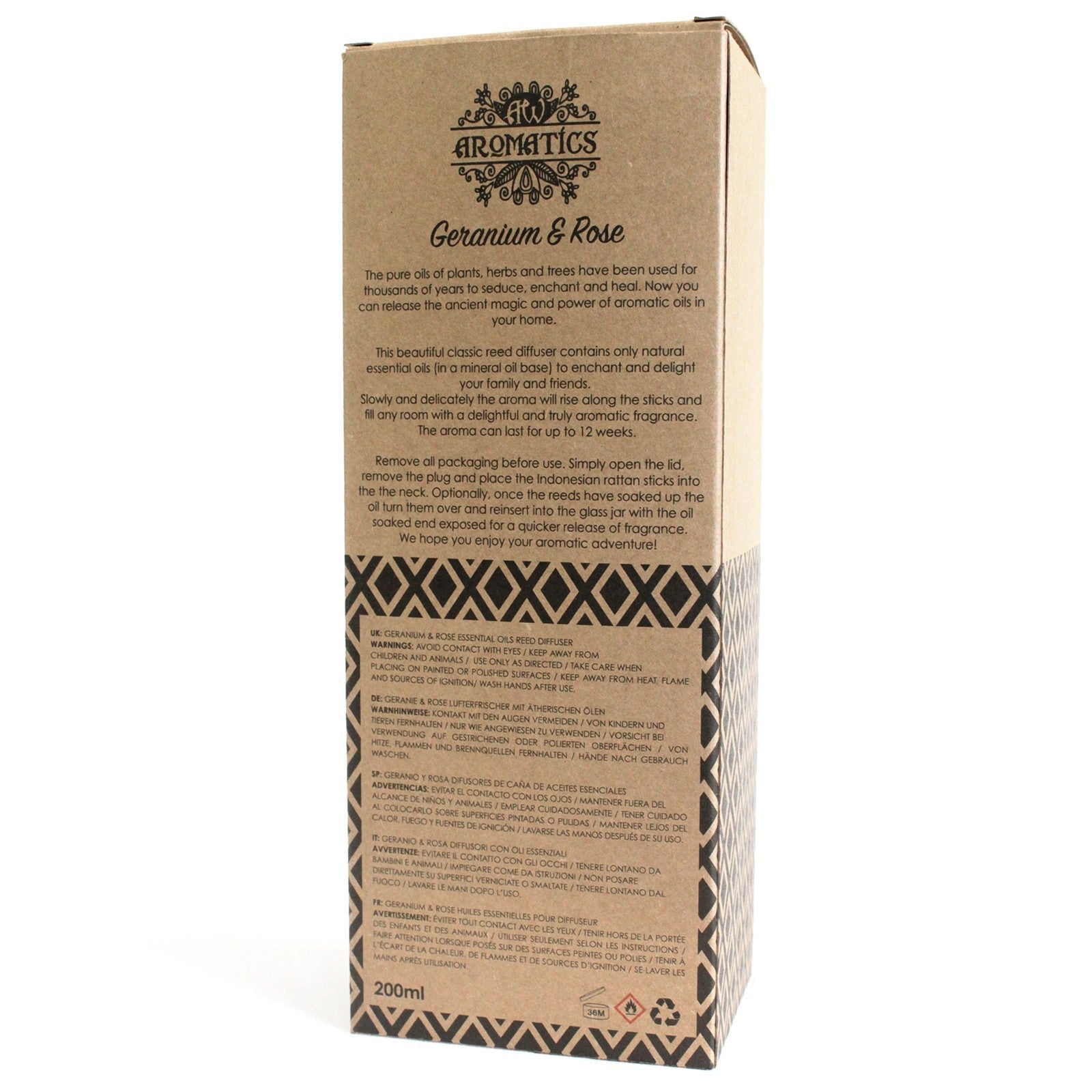Reed Diffuser - Geranium and Rose - 200ml, back of tall brown box with printed product information and geometric bands by Quintessential Holistic Health Ltd