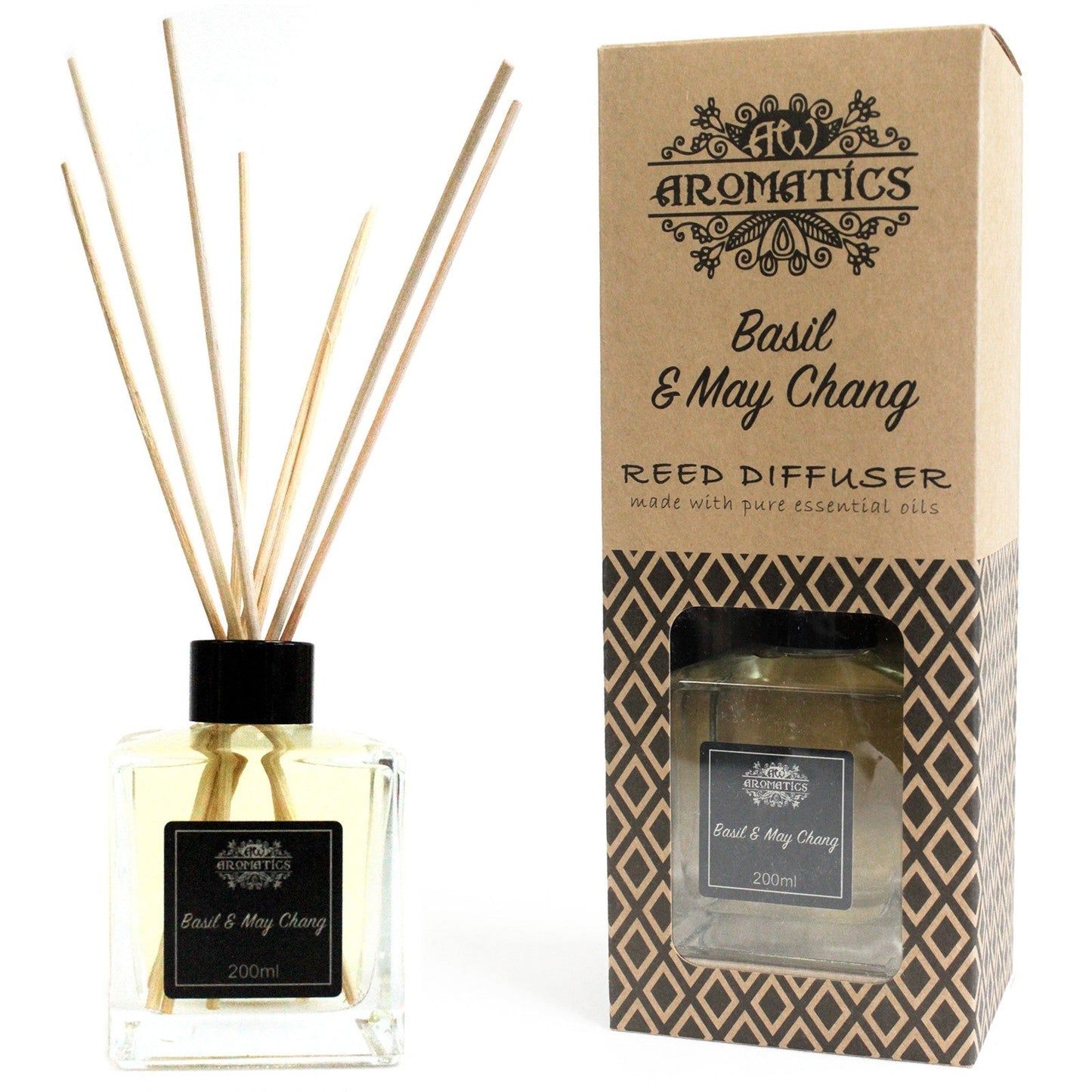 Reed Diffuser - Basil and May Chang - 200ml shown as a square glass bottle with five reeds beside its printed cardboard box by Quintessential Holistic Health Ltd