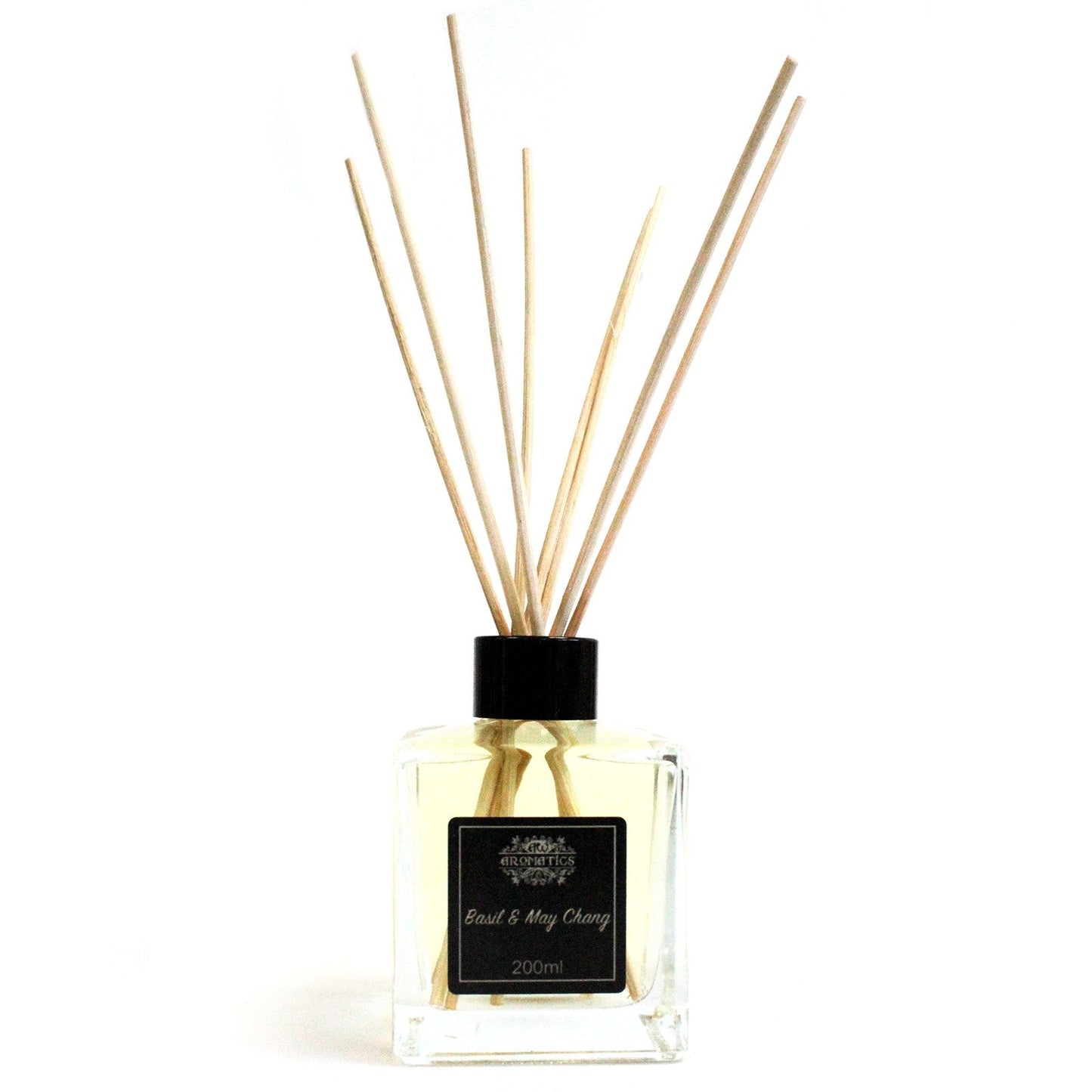 Reed Diffuser - Basil and May Chang - 200ml, square glass bottle with black cap, black label and fanned reeds by Quintessential Holistic Health Ltd