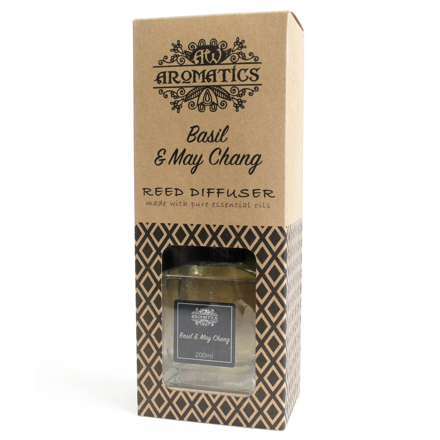 Reed Diffuser - Basil and May Chang - 200ml, front of tall brown branded box with geometric pattern and display window by Quintessential Holistic Health Ltd