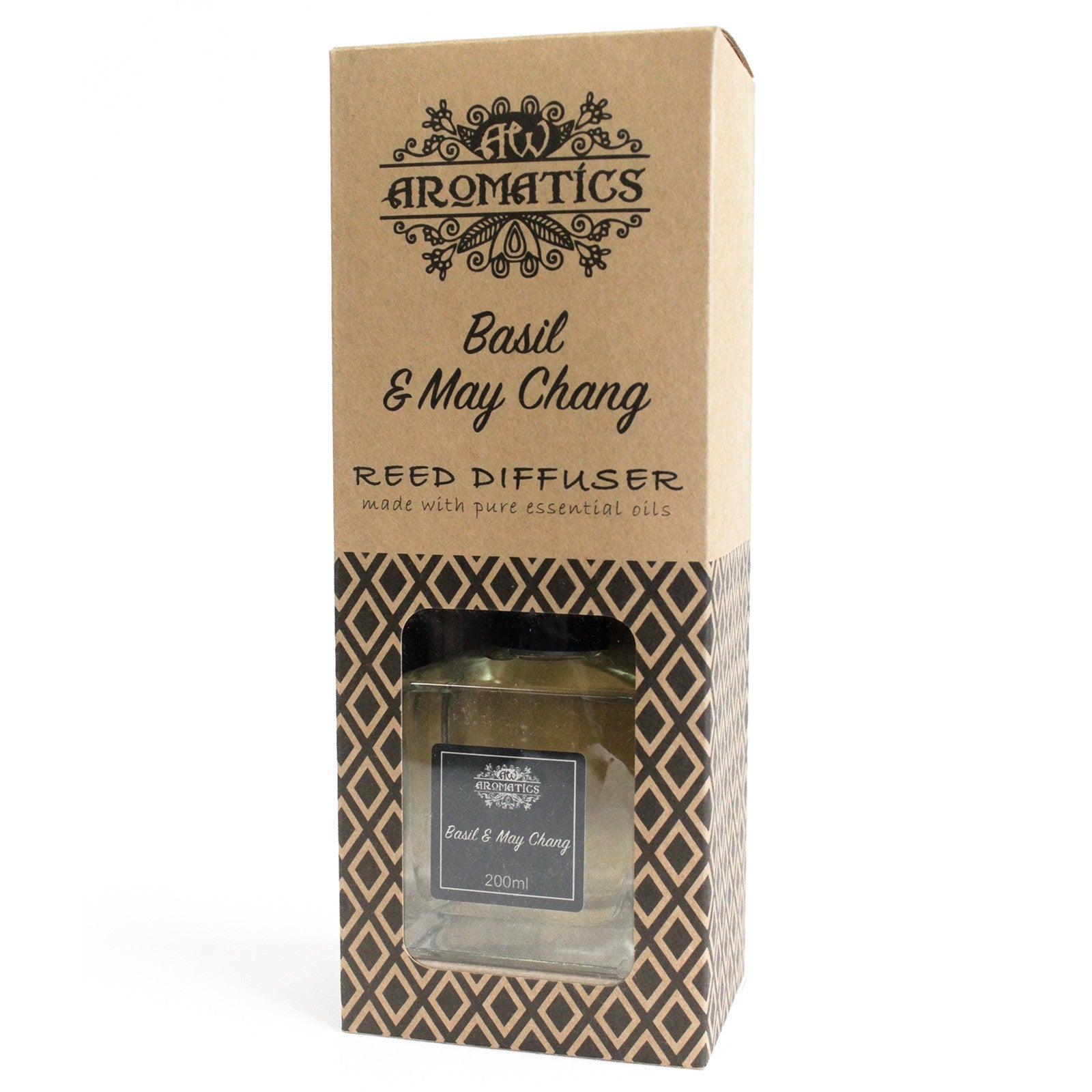 Reed Diffuser - Basil and May Chang - 200ml, front of tall brown branded box with geometric pattern and display window by Quintessential Holistic Health Ltd