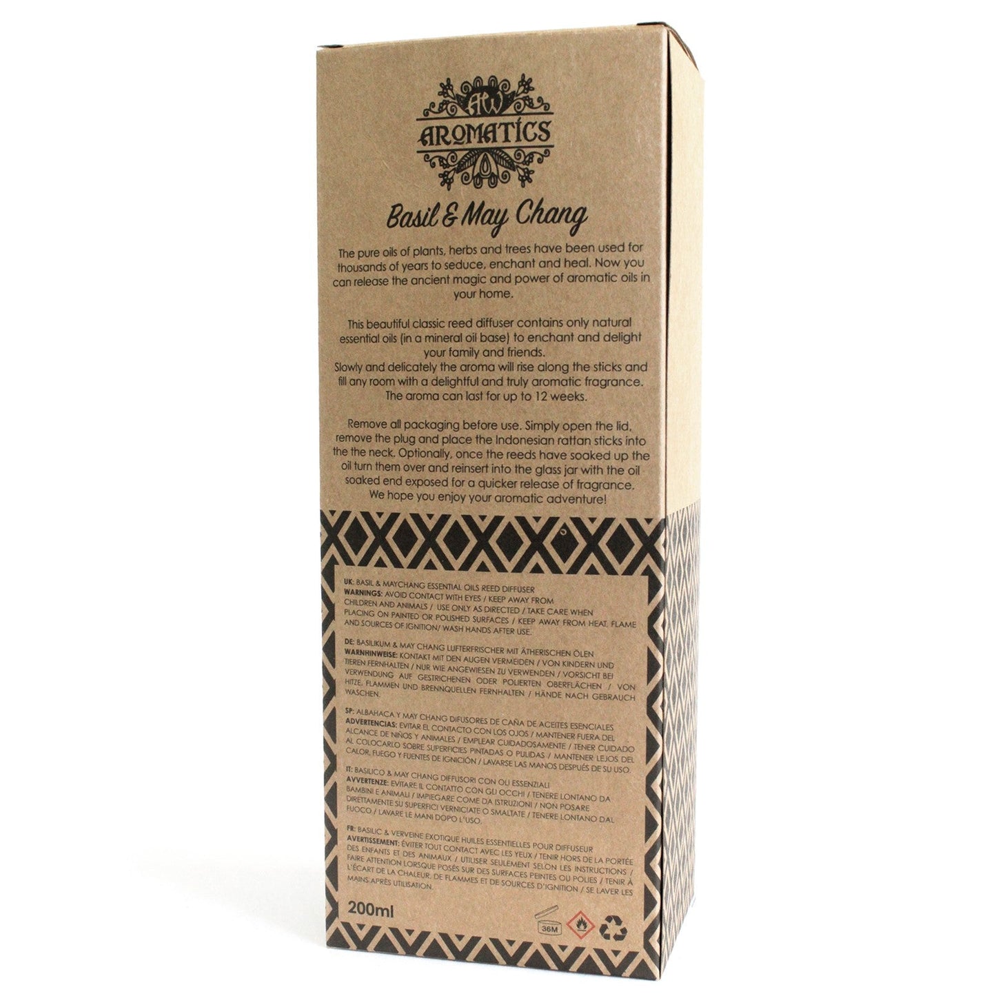 Reed Diffuser - Basil and May Chang - 200ml, back of tall brown box with printed product information and geometric bands by Quintessential Holistic Health Ltd