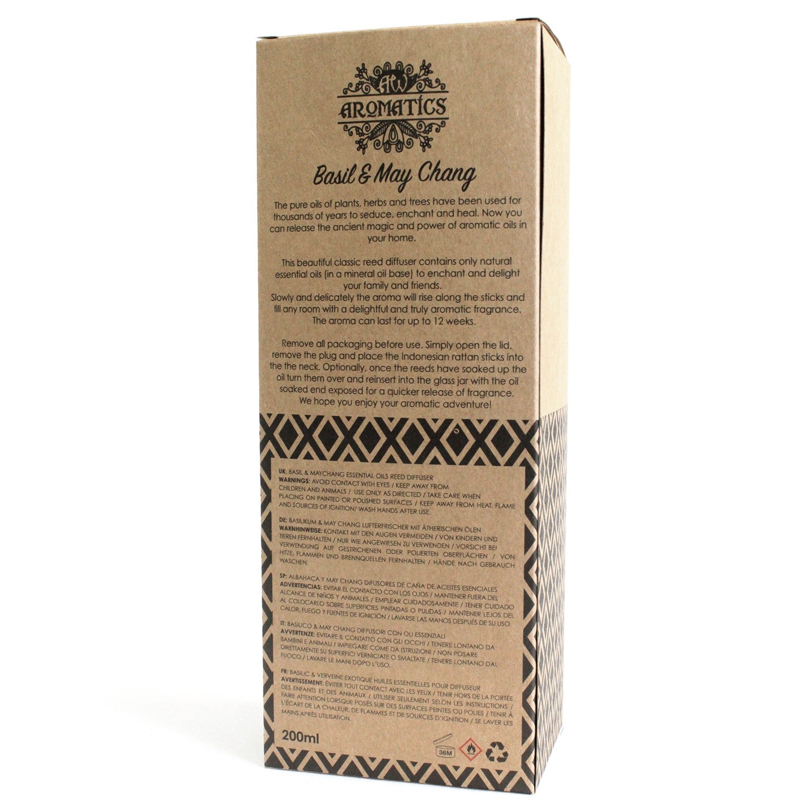 Reed Diffuser - Basil and May Chang - 200ml, back of tall brown box with printed product information and geometric bands by Quintessential Holistic Health Ltd