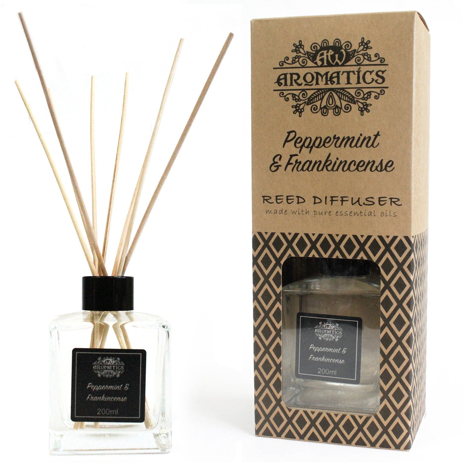 Reed Diffuser - Peppermint and Frankincense - 200ml, clear square bottle with fanned reeds displayed beside its brown box by Quintessential Holistic Health Ltd