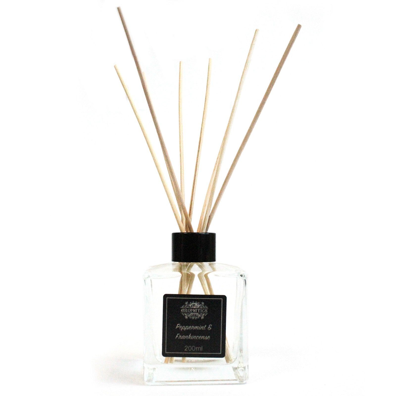 Reed Diffuser - Peppermint and Frankincense - 200ml, clear square bottle with black cap, dark label and fanned reeds by Quintessential Holistic Health Ltd