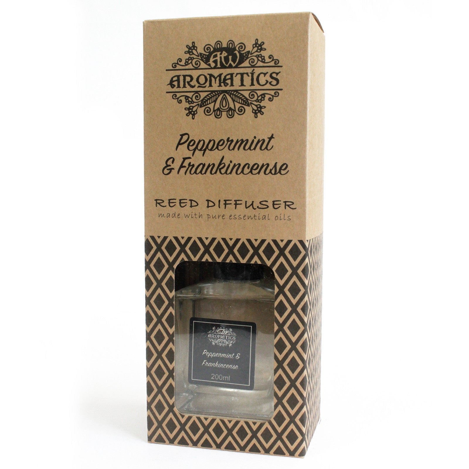 Reed Diffuser - Peppermint and Frankincense - 200ml, patterned brown box with a clear front window showing the bottle by Quintessential Holistic Health Ltd
