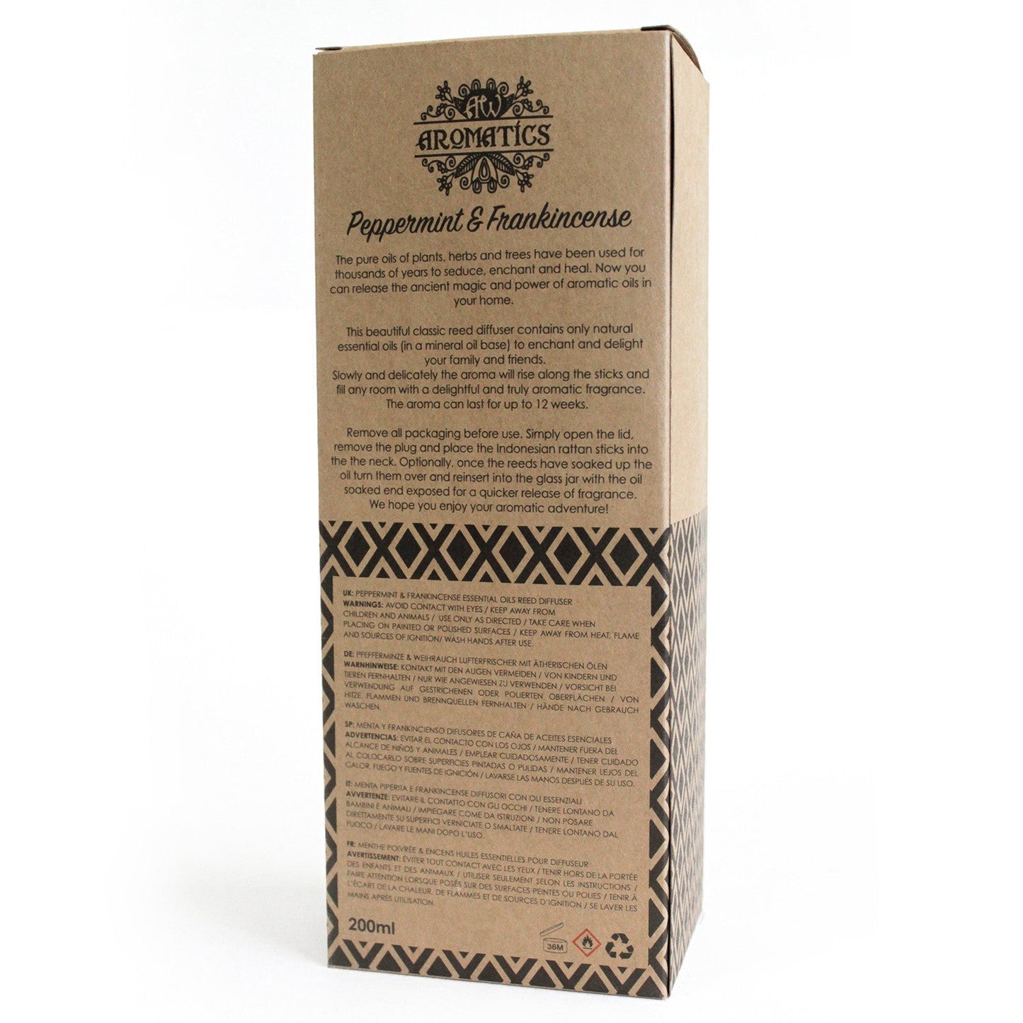 Reed Diffuser - Peppermint and Frankincense - 200ml, rear of brown box with printed text and patterned lower section by Quintessential Holistic Health Ltd