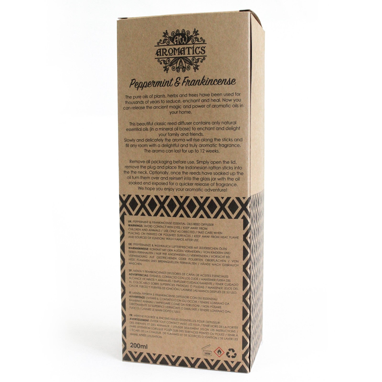 Reed Diffuser - Peppermint and Frankincense - 200ml, rear of brown box with printed text and patterned lower section by Quintessential Holistic Health Ltd