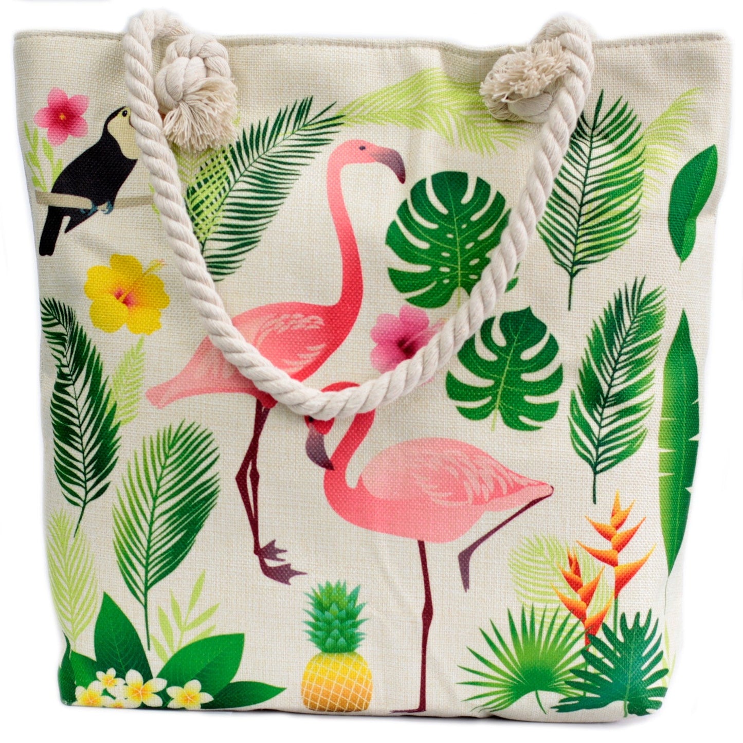 Classic Rope Handled Beach Bag - Tropical Flamingo product packaging on clean background from Quintessential Holistic Health Ltd