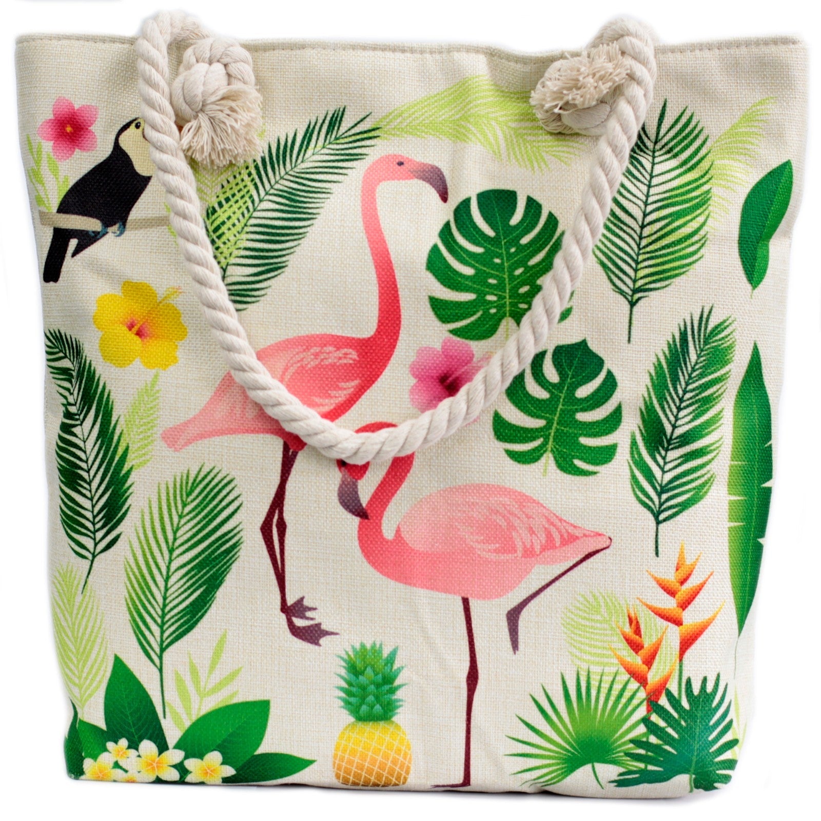 Classic Rope Handled Beach Bag - Tropical Flamingo product packaging on clean background from Quintessential Holistic Health Ltd