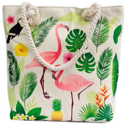 Classic Rope Handled Beach Bag - Tropical Flamingo product packaging on clean background from Quintessential Holistic Health Ltd